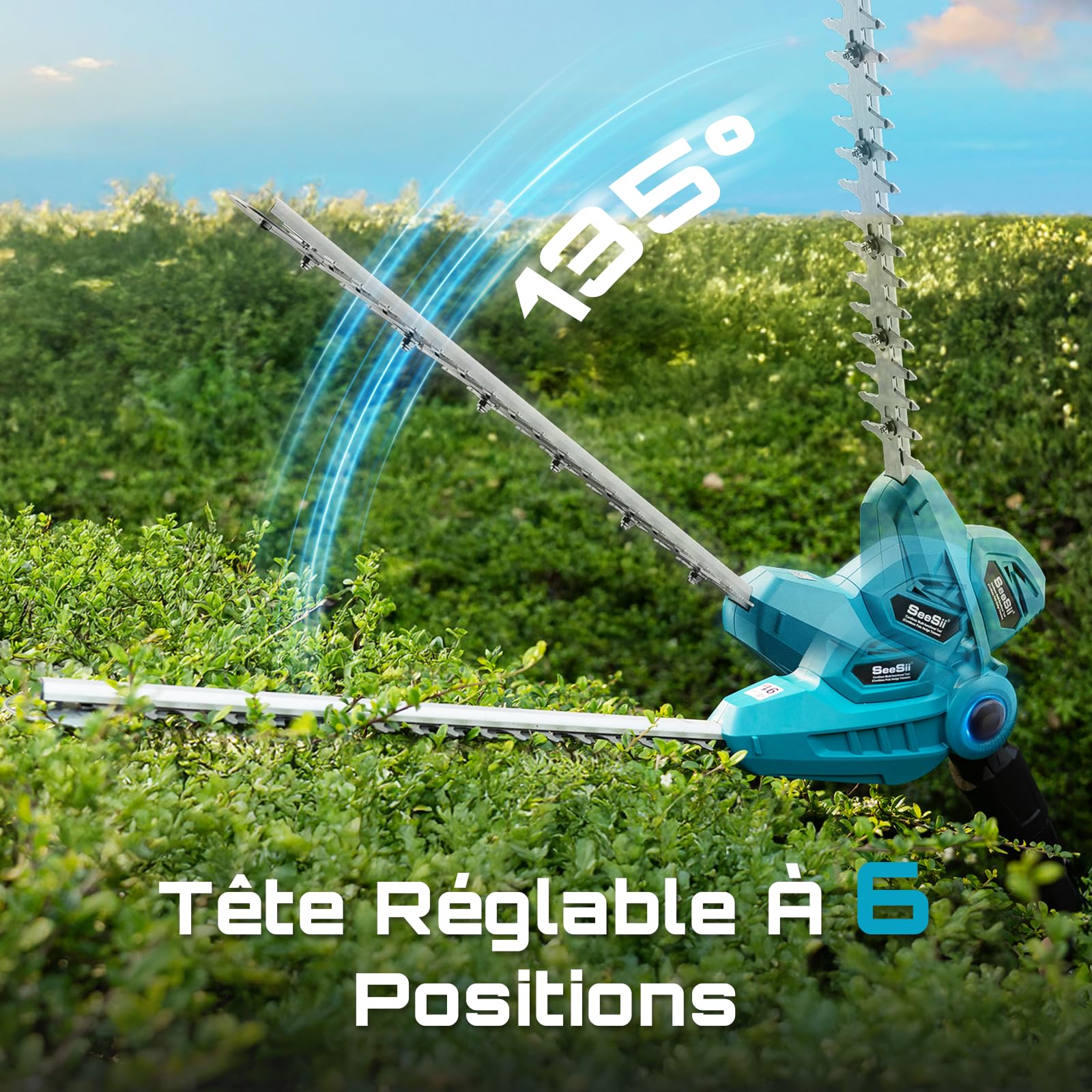 SEESII Taille Haie Electrique Telescopique 2,6 m, Taille-Haies Électriques avec Lame Double Action 40 cm, 2 * Batteries 4,0Ah, Tête Pivotante 135° Réglable, pour Haies Hautes et Arbustes Denses