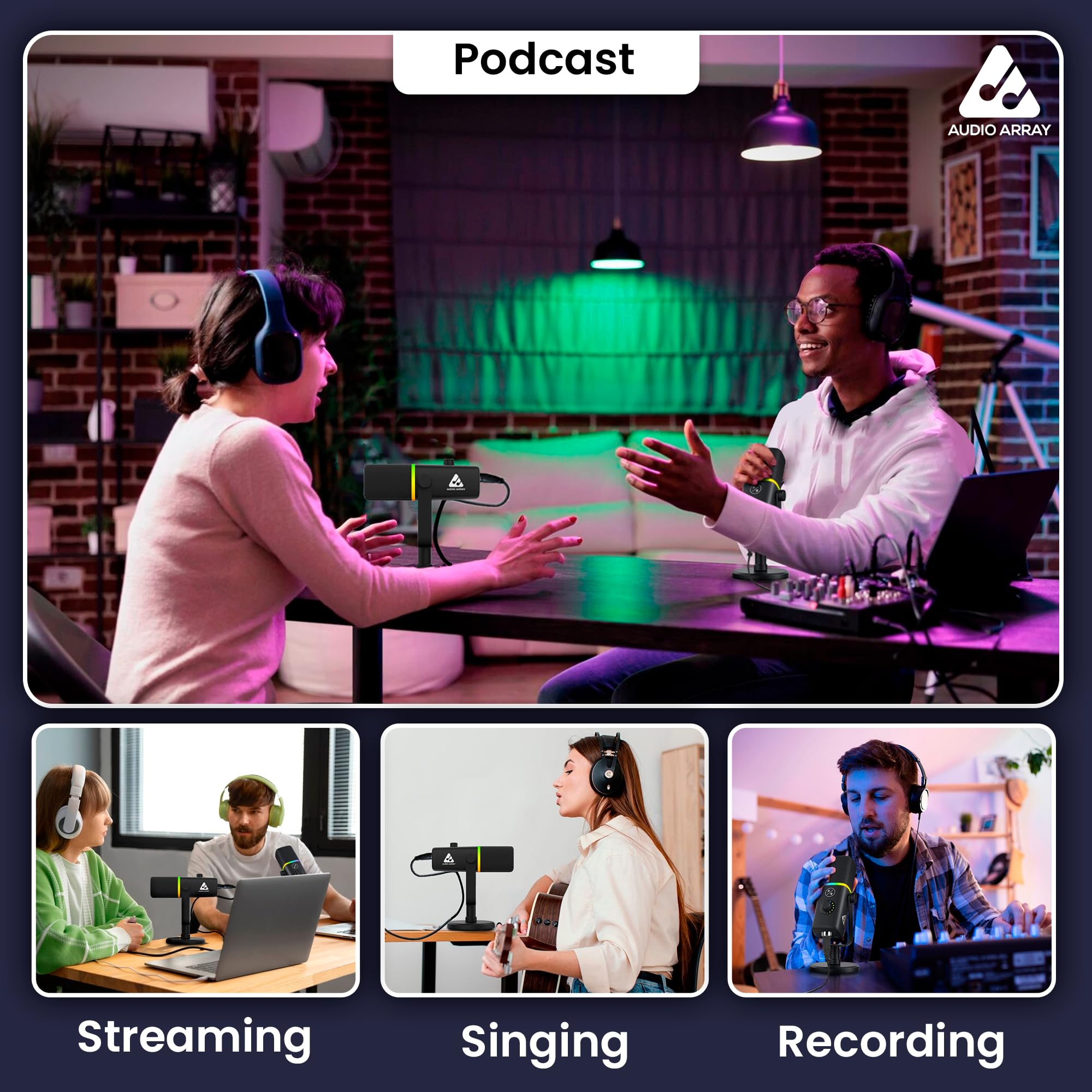 Audio Array AM-C45 XLR/USB Professional RGB Dynamic Microphone | Built-in Monitoring | One Touch Mute Volume & Noise-Cancellation | 2M USB Cable & Metal Base | Streaming, Podcasting, Singing, Gaming - Image 5 thumbnail