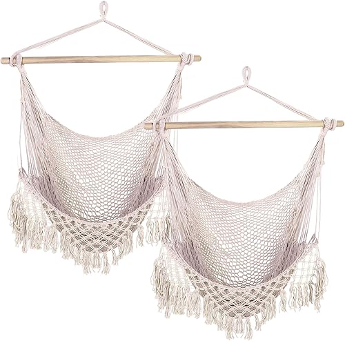 2 sillas tipo hamaca extra grande tejida a mano, columpio de cuerda para colgar, máximo 330 libras, silla de tejido de cuerda de algodón suave con
