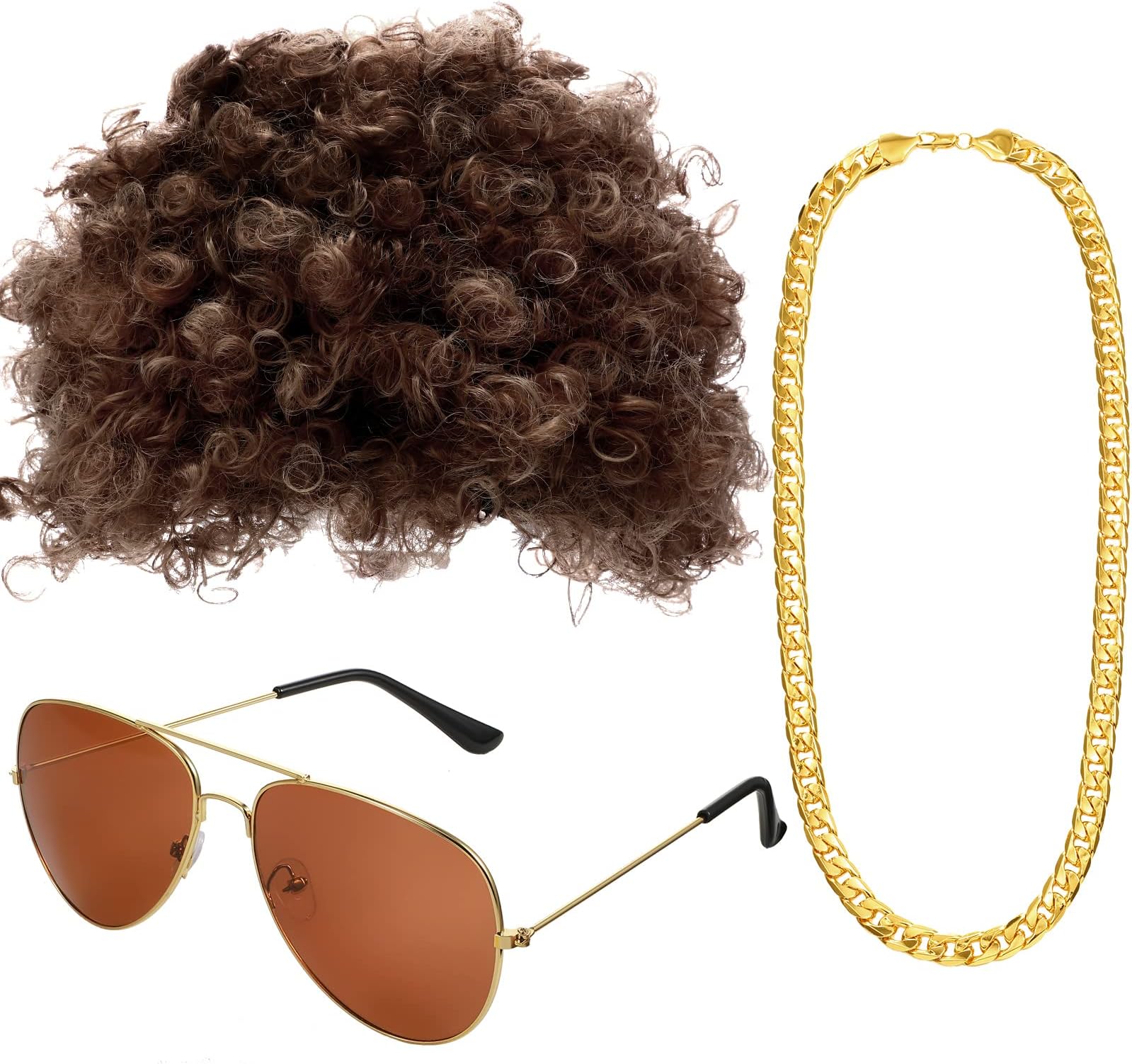 - Hippie Disco Costume Men Set Disco Wig Afro Headgear Gold Celebrity Sunglasses Funky Faux Chain for 50/60/70s Party Accessories(Brown Hair)