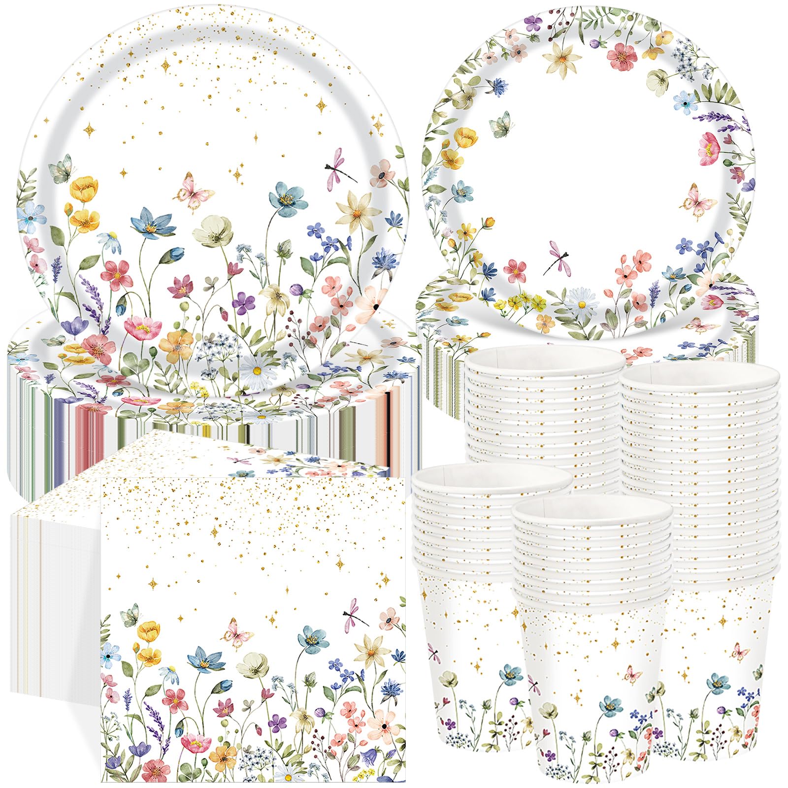 Ziliny 250 Stück Wildblumen-Party-Dekorationen, inklusive Frühlings- und Sommer-Pappteller, Servietten und Becher für Wildblumen, Babypartys, Tee-Dekorationen, für 50 Gäste (bunt, Blumenstil)