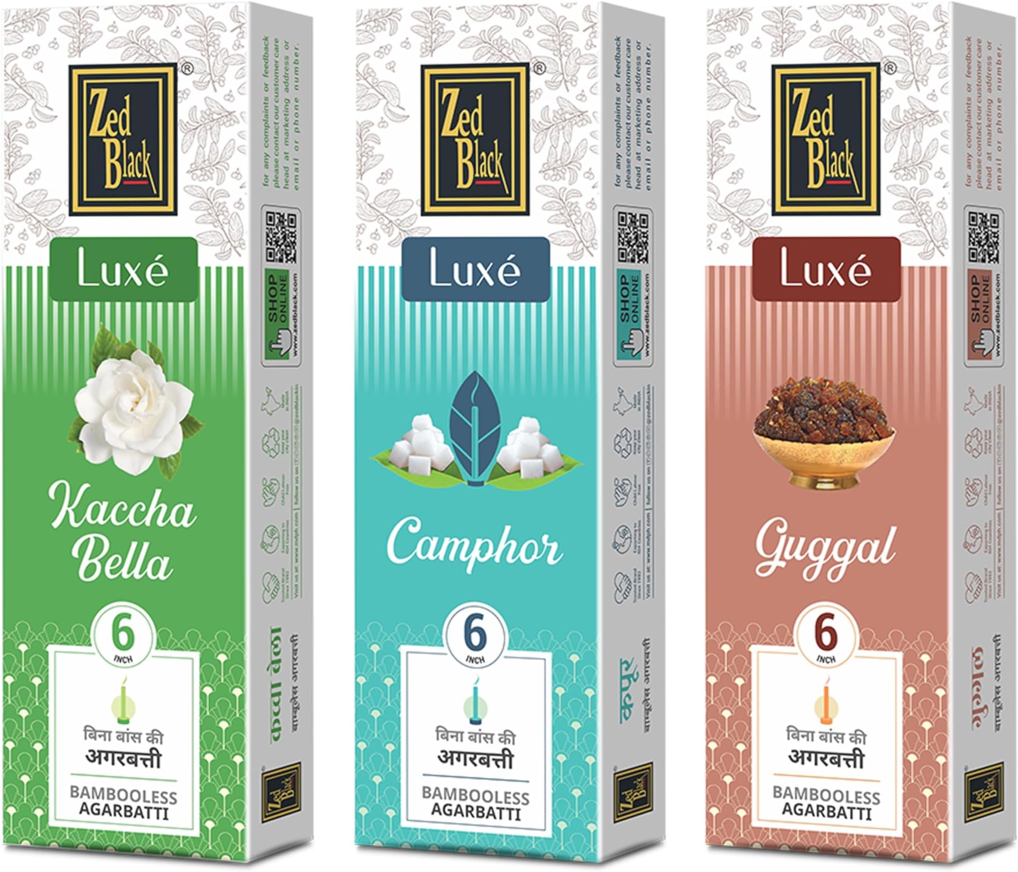 Zed Black Luxe Kachha Bella,Camphor,Guggal Bambooless Incense Pack of 3 Agarbatti Nature Inspired Fragrances for Puja, Meditation, Refreshing Ambience