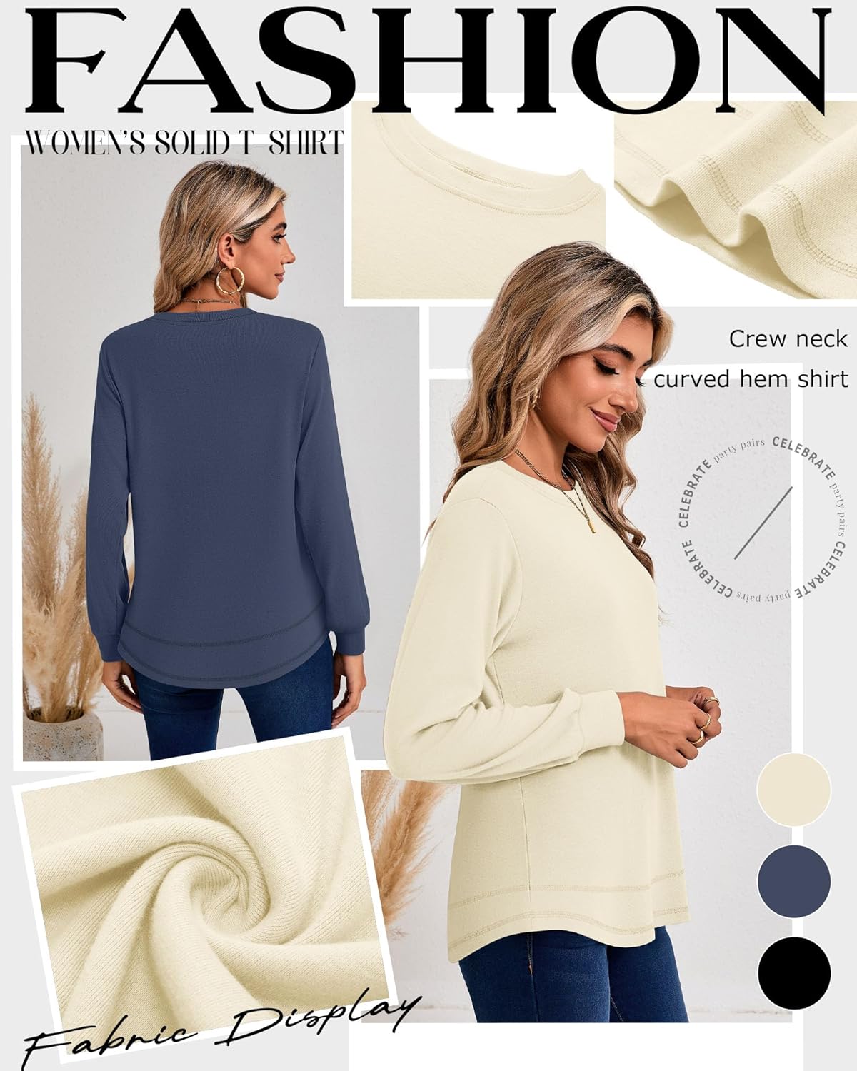 Ficerd 3 Pack Women's Long Sleeve Shirts, Cotton Crew Neck Tunic Tops Casual Loose Fit Pullover Sweatshirts Curved Hem Shirts - Image 4