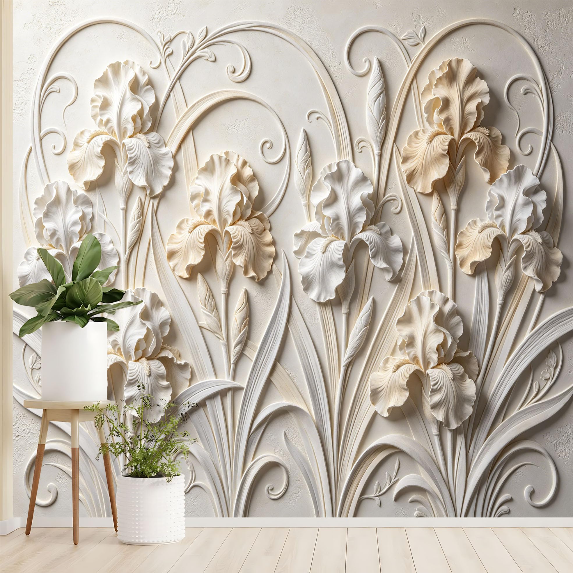 Elegancka fototapeta z kwiatem irysa 3D rzeźba kwiat kwiat włóknina tapeta luksusowa neoklasycystyczny ogród botaniczny fototapeta 350 x 256 cm kremowa biała okładzina ścienna do salonu sypialni
