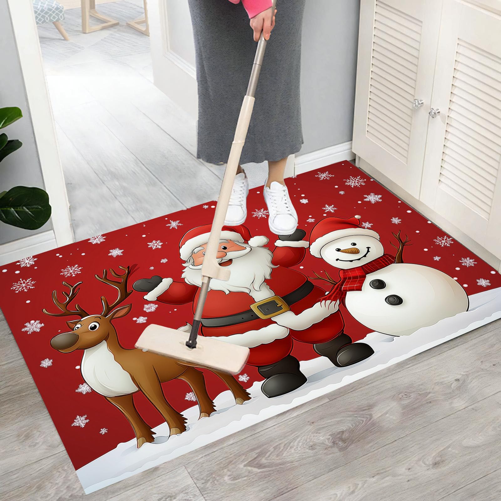 Felpudo de Dibujos Animados, Alfombra Papá Noel Renos Muñeco De Nieve para Entrada, Felpudo Entrada Casa 90x150cm, Alfombra de Puerta de Entrada, Lavables, Decorativo Casa, Rojo