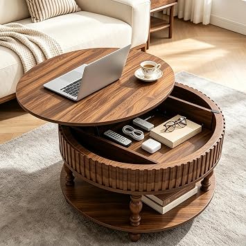 ADORZ 31.5" Round Lift Top Coffee Table with Hidden Storage & Open Shelf
