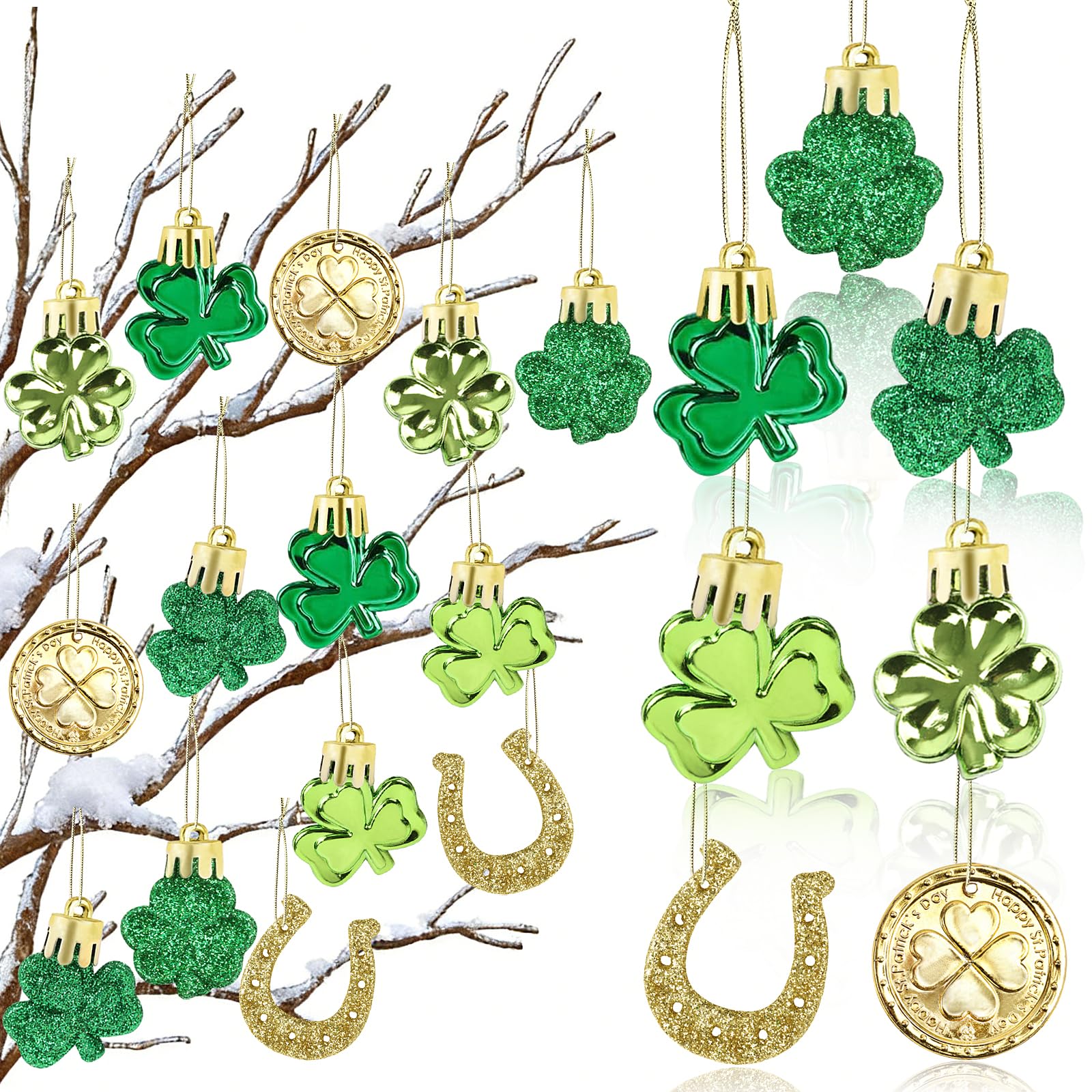 KIMOBER 48 Pcs St Patricks Day Ornaments for Tree,Irish Green Shamrock Ornaments Good Luck Clover Gold Coinages Horseshoe Hanging Tree Decoration for St. Patrick's Day Vase Filler Party Favors