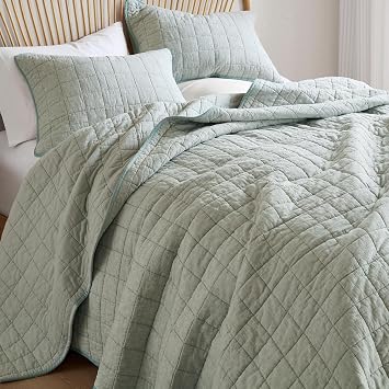 Hyde Lane Linen Quilt King Size, Sage - Breathable Box-Stitch Coverlet