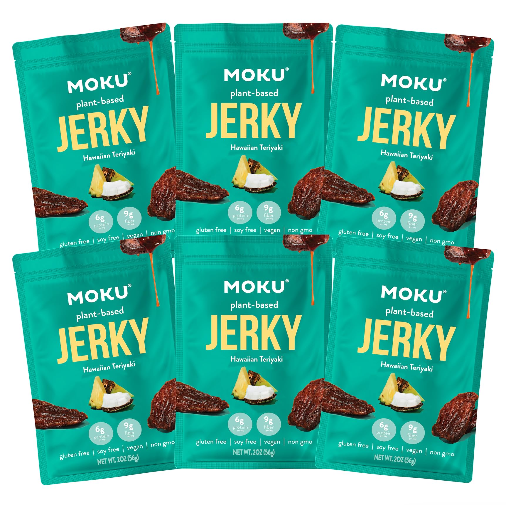 Moku Plant-Based Mushroom Jerky, Hawaiian Teriyaki (6 Pack), Gluten Free, Soy-Free, Non-Gmo Vegan Snacks, No Artificial Sweetener Vegan Food, Healthy Snacks, 2.0 Oz Ea