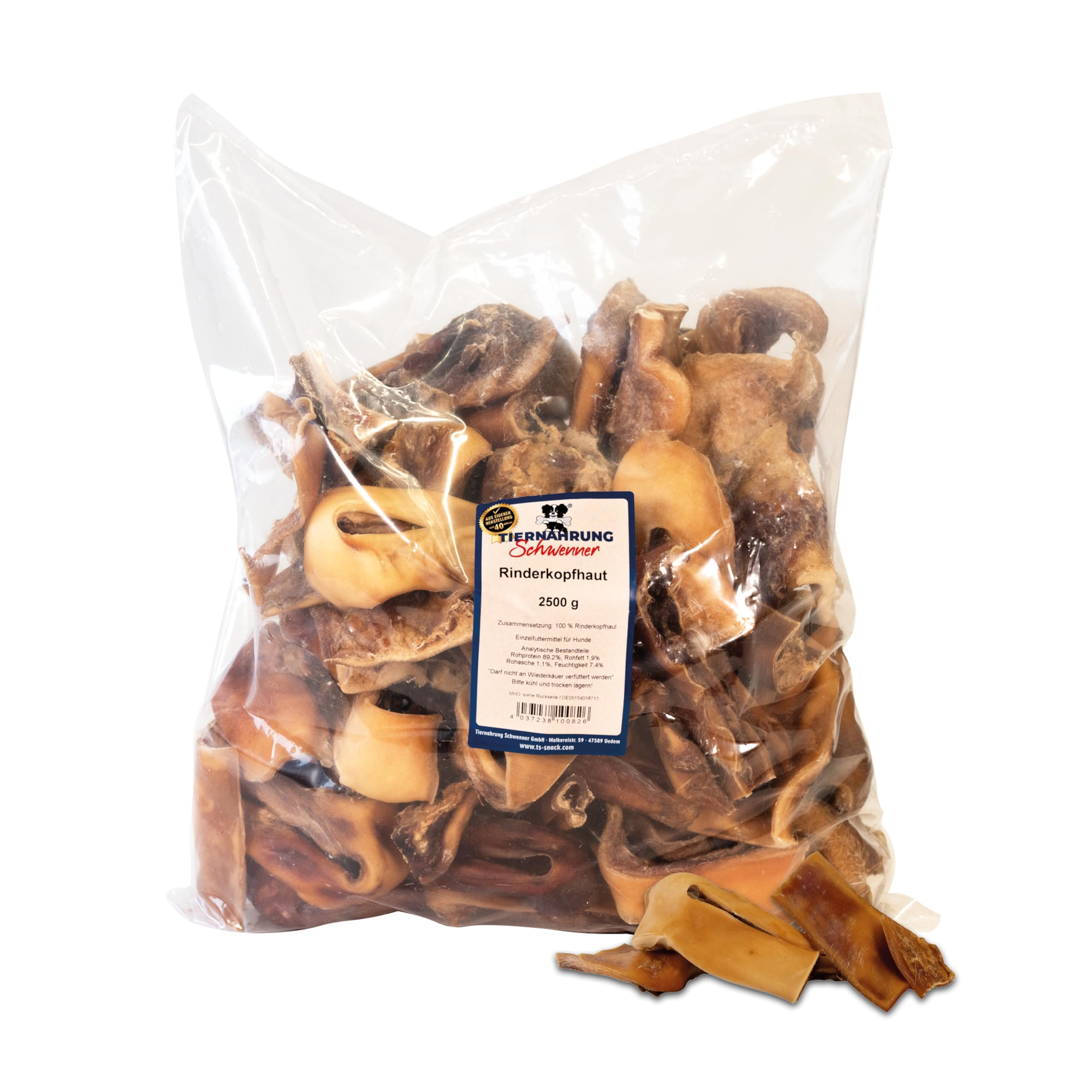 Tiernahrung Schwenner - Kurze Rinderkopfhaut für Hunde getrocknet – Vorratspack – Dog Snacks – Hunde Zahnpflege – 2500g 8-18 cm