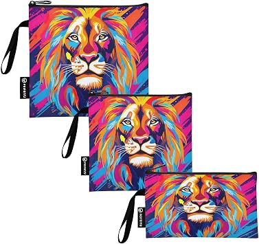 Colorful Lions Reusable Snack Sandwich Bags Washable Fabric Food Bags with Zipper for Travel Work School Office 3 Pack S/M/L
