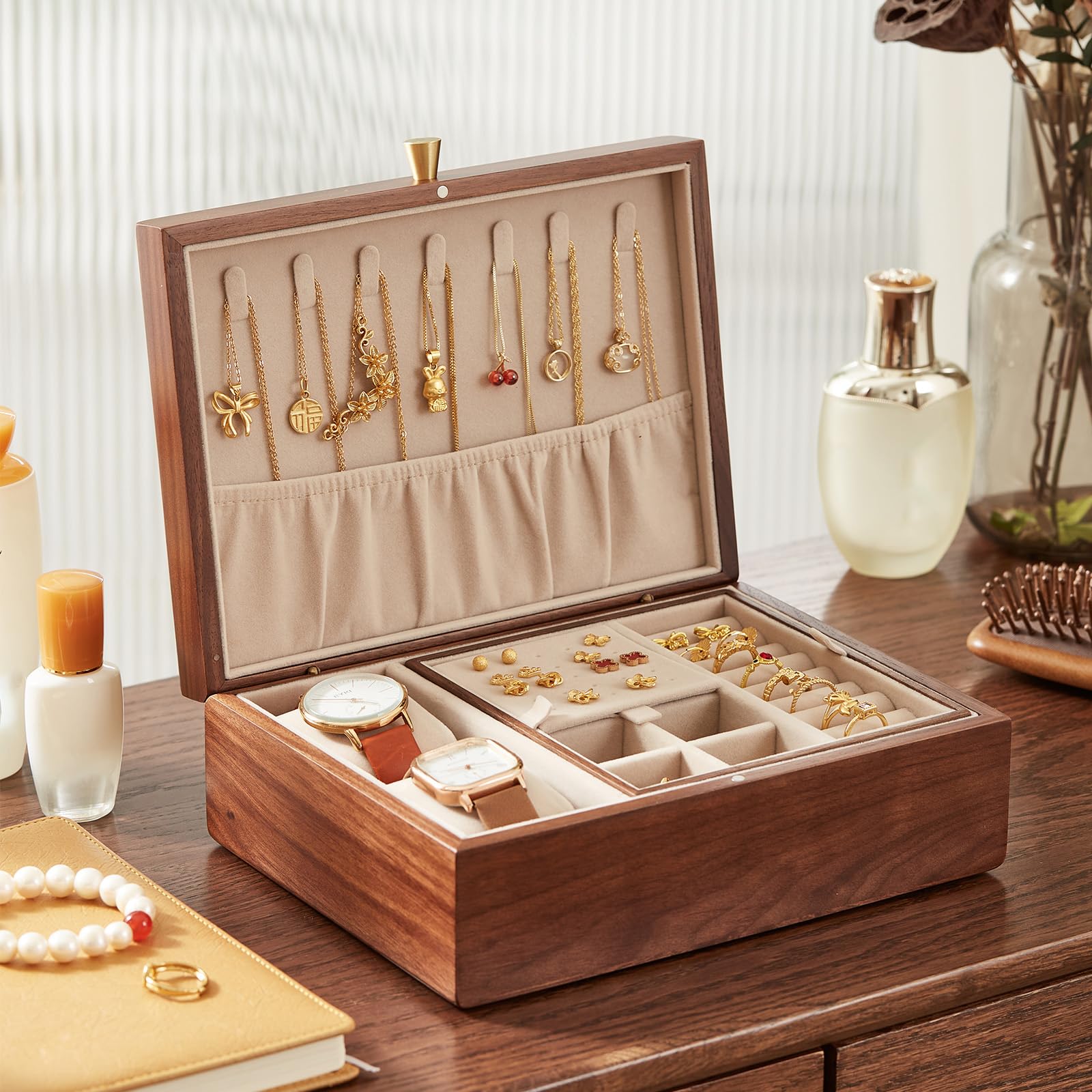CHOSIN Joyero de madera de nogal negro para mujer, organizador de joyas con bandeja extraíble para relojes, anillos, aretes, collares, pulseras, regalos para el día de la madre