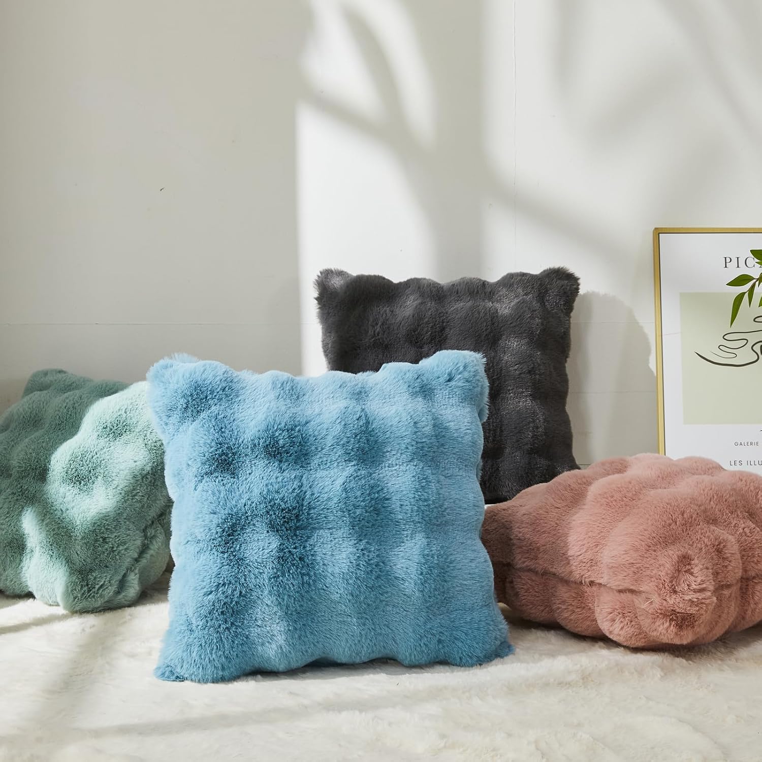 NEWCOSPLAY Throw Pillow Covers 18"x18" Set of 2 Faux Fur Soft Fluffy Bubble Decorative Cushion Covers for Couch Bed Living Room (Blue, Pack of 2) - Image 8