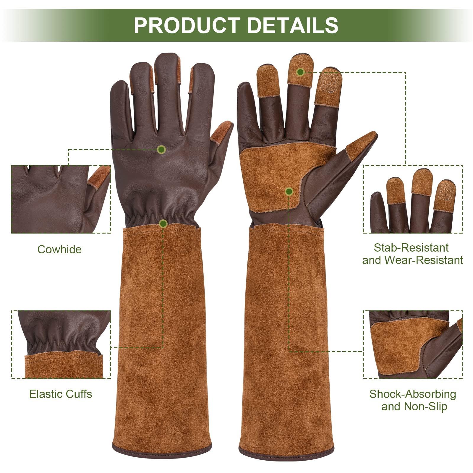 Lange Gartenhandschuhe für Damen, dornsicher, rosenbeschneidend, Rindsleder, Gartenhandschuh für Kakteen, Rosen und Brombeere (Größe M, Dunkelbraun)