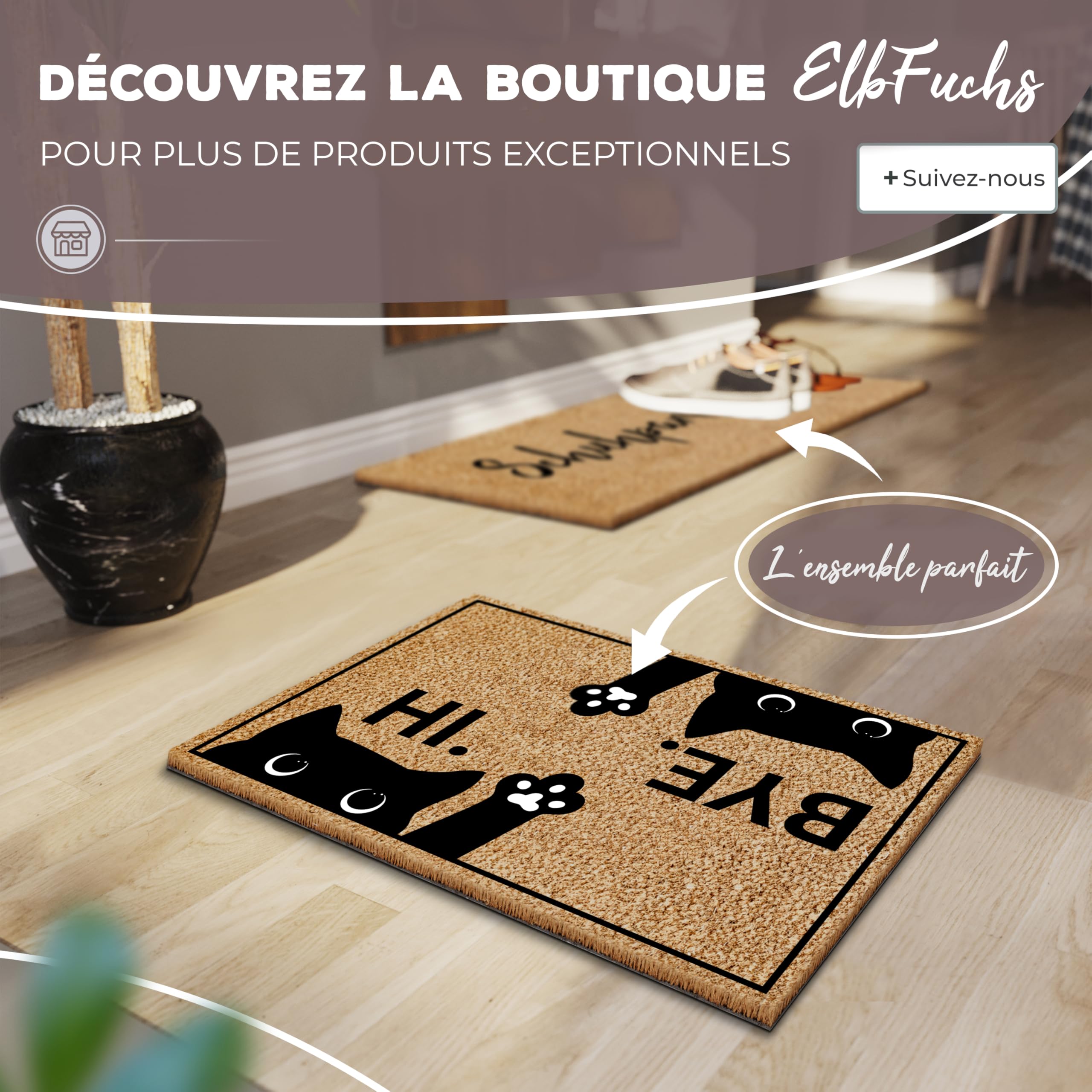 ElbFuchs® Paillasson Coco 60x40cm | Chat [Extra Durable & antidérapant] | Paillasson Chat | Tapis Coco Interieur Rigolo | Paillasson Exterieur Entree Original | Paillassons pour entrée