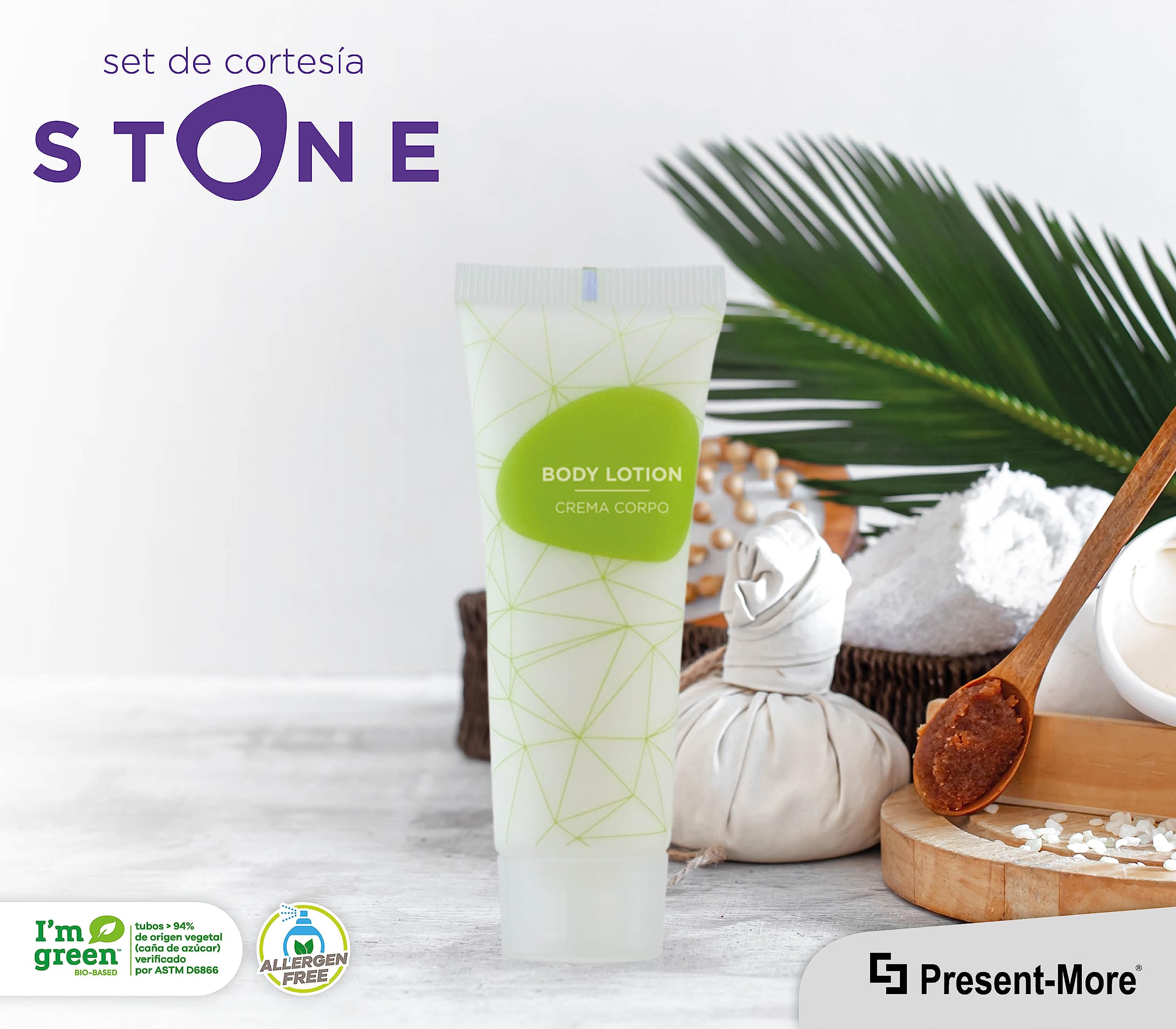 Present-More Crema corporal 30ml Stone - Crema cuerpo 250 unidades para Hoteles y B&B | Crema cuerpo sin alérgenos con fragancia Relaxing
