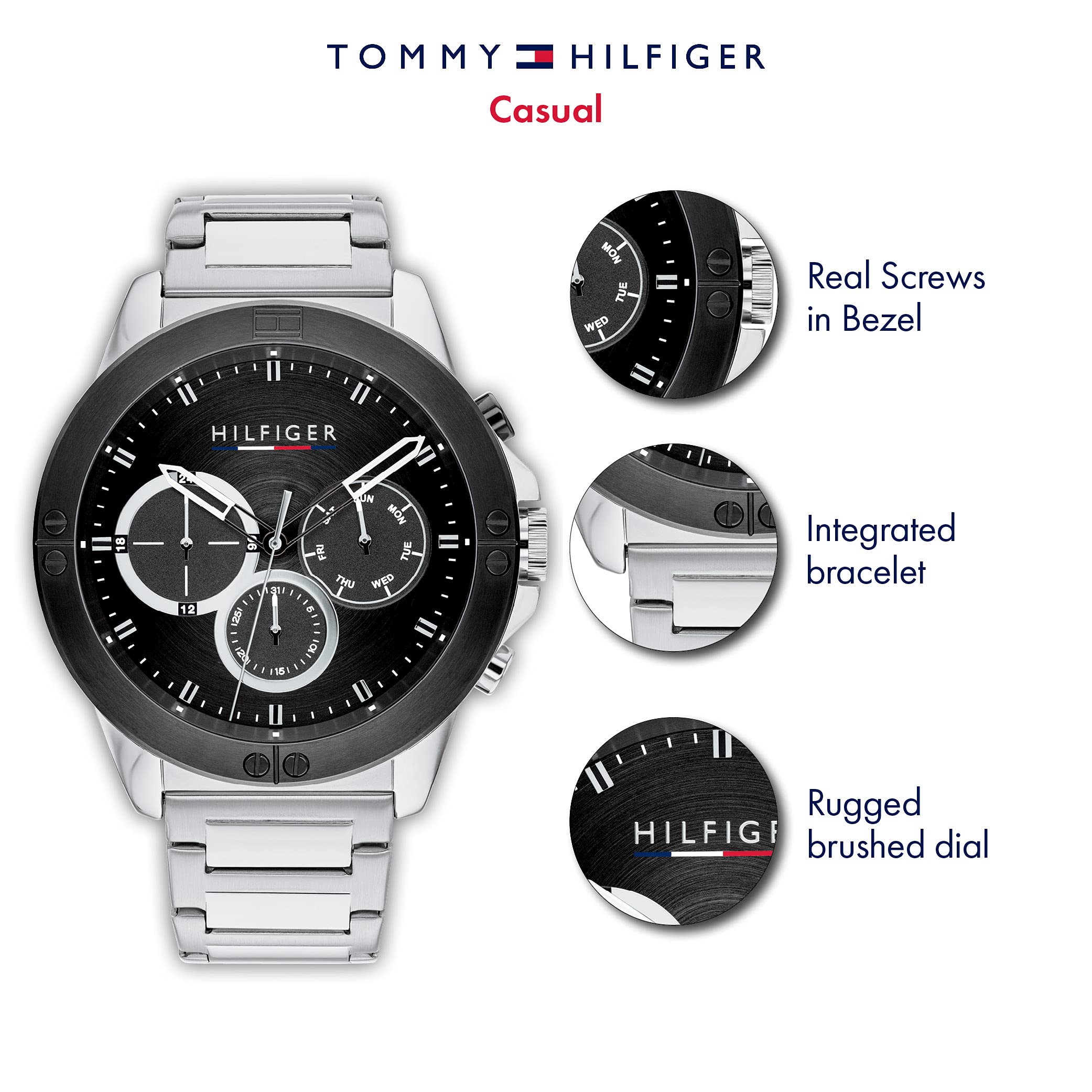 Tommy Hilfiger Zegarek męski z bransoletką ze stali nierdzewnej, Czarny, Zegar