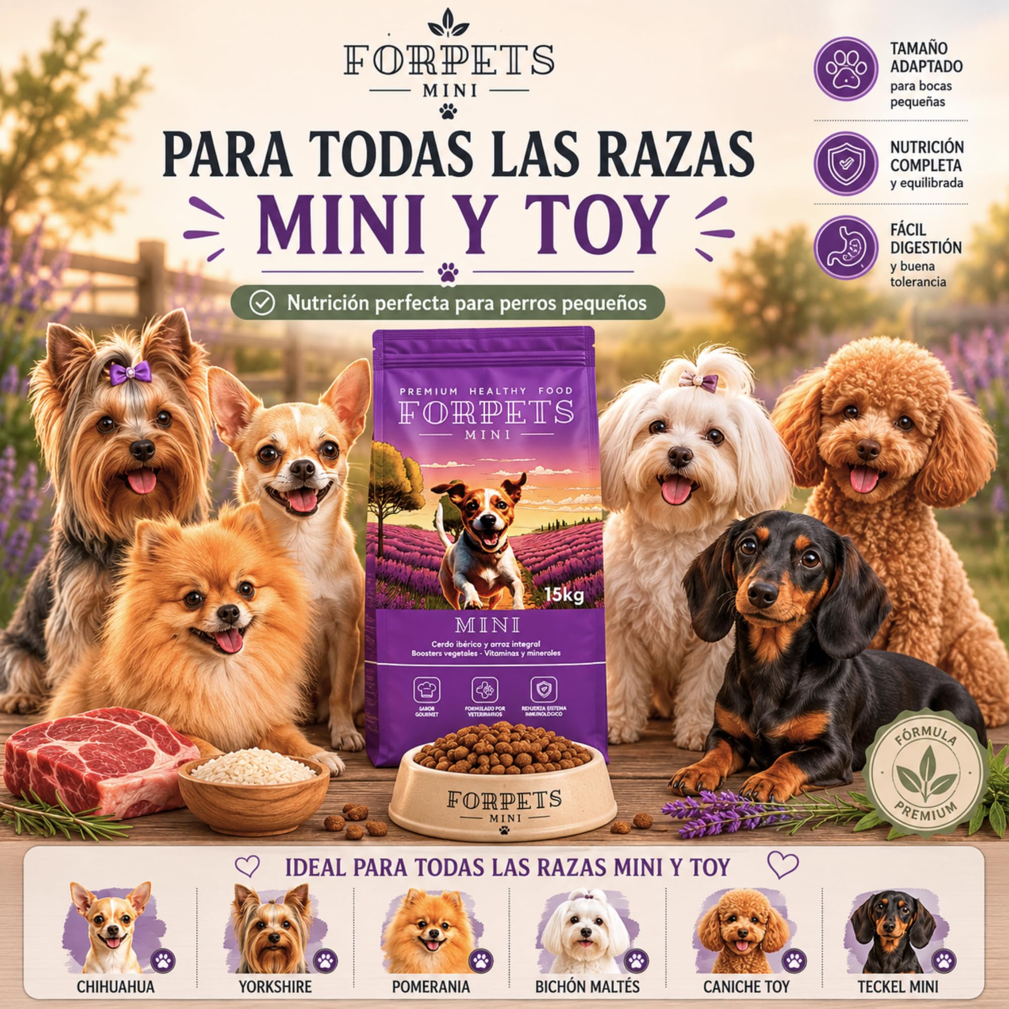Pienso para Perros Pequeños 15 kg | Croqueta Pequeña Digestión Sensible y Estómago Delicado | Razas Pequeñas, Toy, Yorkshire y Pomerania | Cerdo Ibérico y Arroz Integral | FORPETS