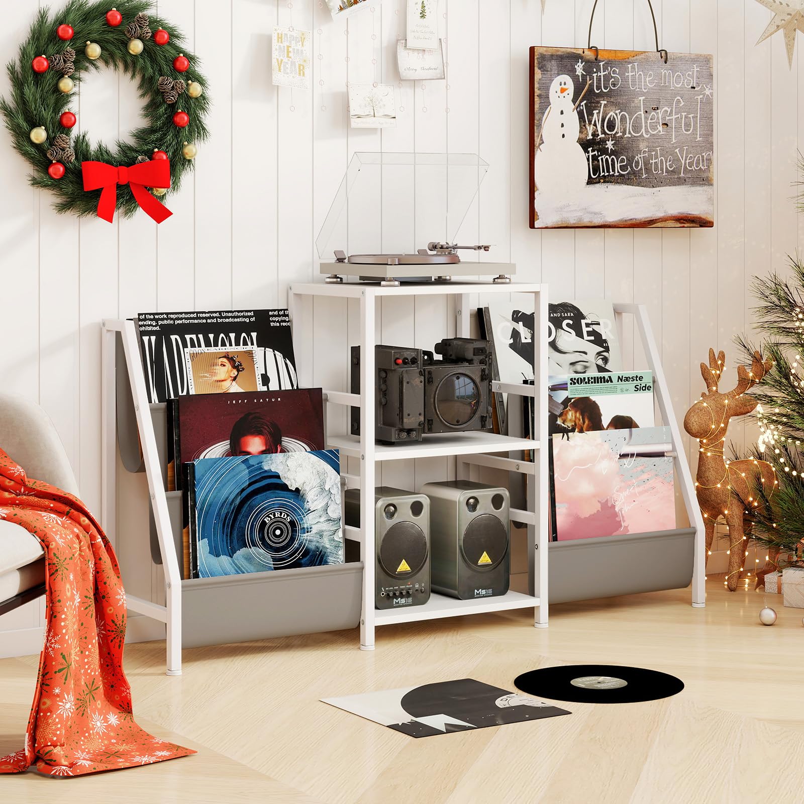 GIANTEX Soporte para Tocadiscos con 3 Estantes Abiertos y 6 Bolsillos de Almacenamiento, Combinación Flexible, Estantería para Discos de Vinilo, 125x30x69cm, Mueble para Salón, Dormitorio (Blanco)