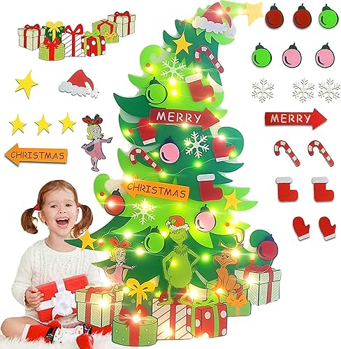 Miniatura 7 de Montessori - Árbol de Navidad de fieltro para niños pequeños, árbol de Navidad de pared de 3.2 pies con 32 adornos y luces LED, árbol falso