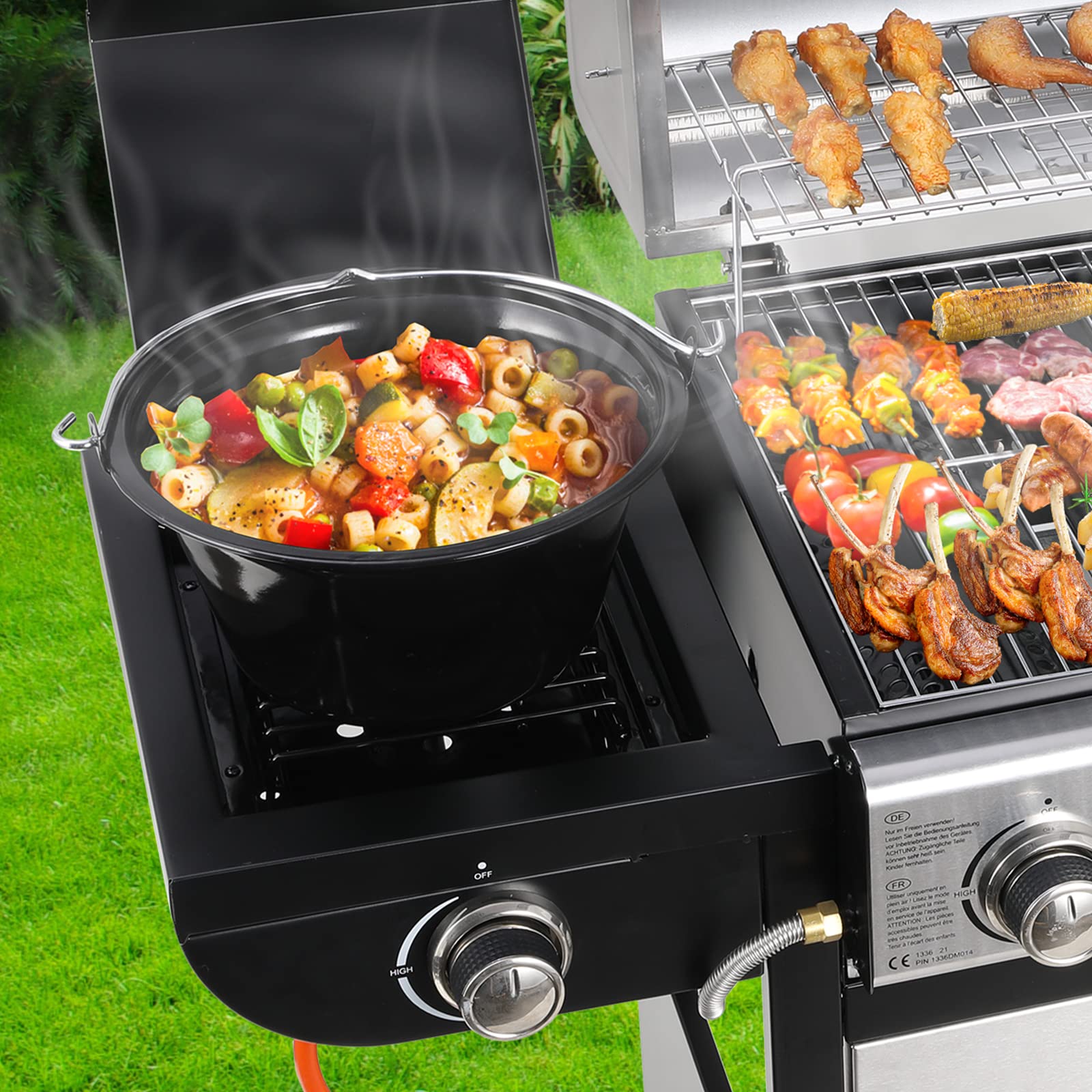 Barbacoa a Gas 4+1 Quemadores con Quemador Lateral, Acero Inoxidable BBQ con Termómetro, Parrilla con Mesas Laterales, 14,05 KW Alto Rendimiento para Jardines Fiestas Acampar
