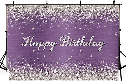 Miniatura 9 de MEHOFOND Decoraciones de fiesta de cumpleaños moradas de 7 x 5 pies, telón de fondo brillante con purpurina dorada y diamantes, decoración de feliz