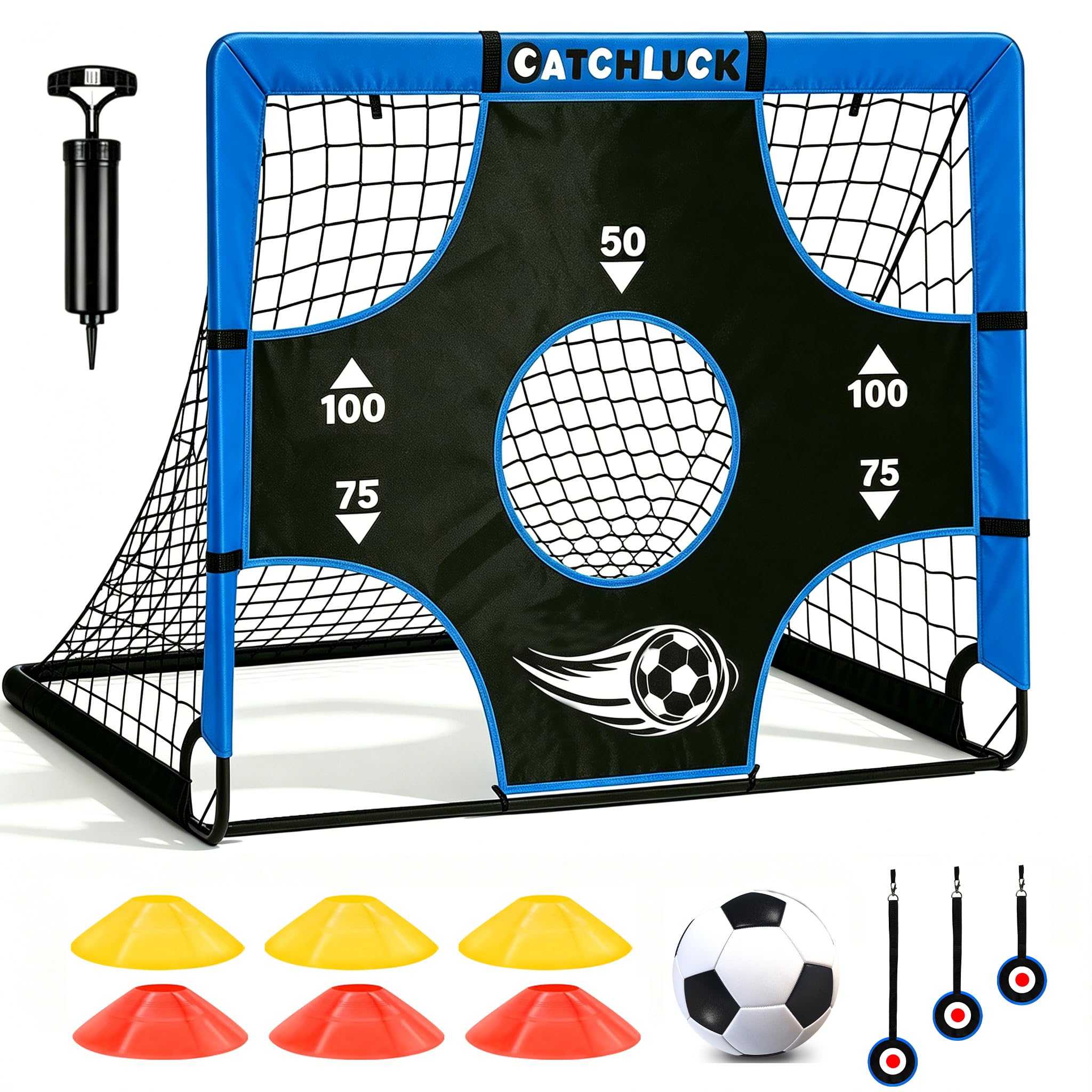 CATCHLUCK Football Goals for Kids Pop Up Target Goal 5 In 1 Portable Foldable Kids Football Net Indoor Outdoor Training Equipment with Target and Carry Bag, Blue