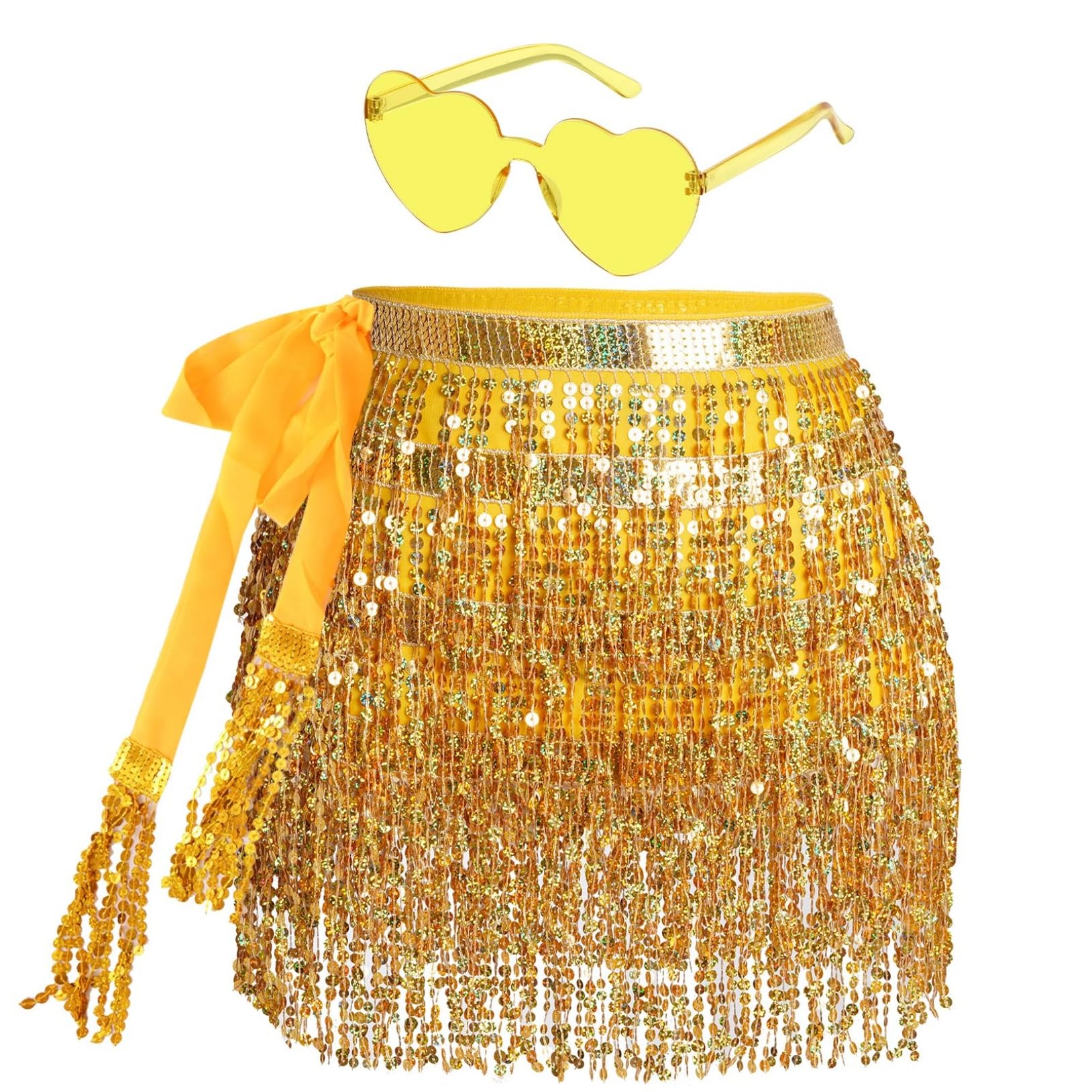 Falda brillante para mujer, falda con flecos, con gafas hippie, mini falda latina corta, disfraz de danza del vientre, disfraz de rave para mujeres y niñas