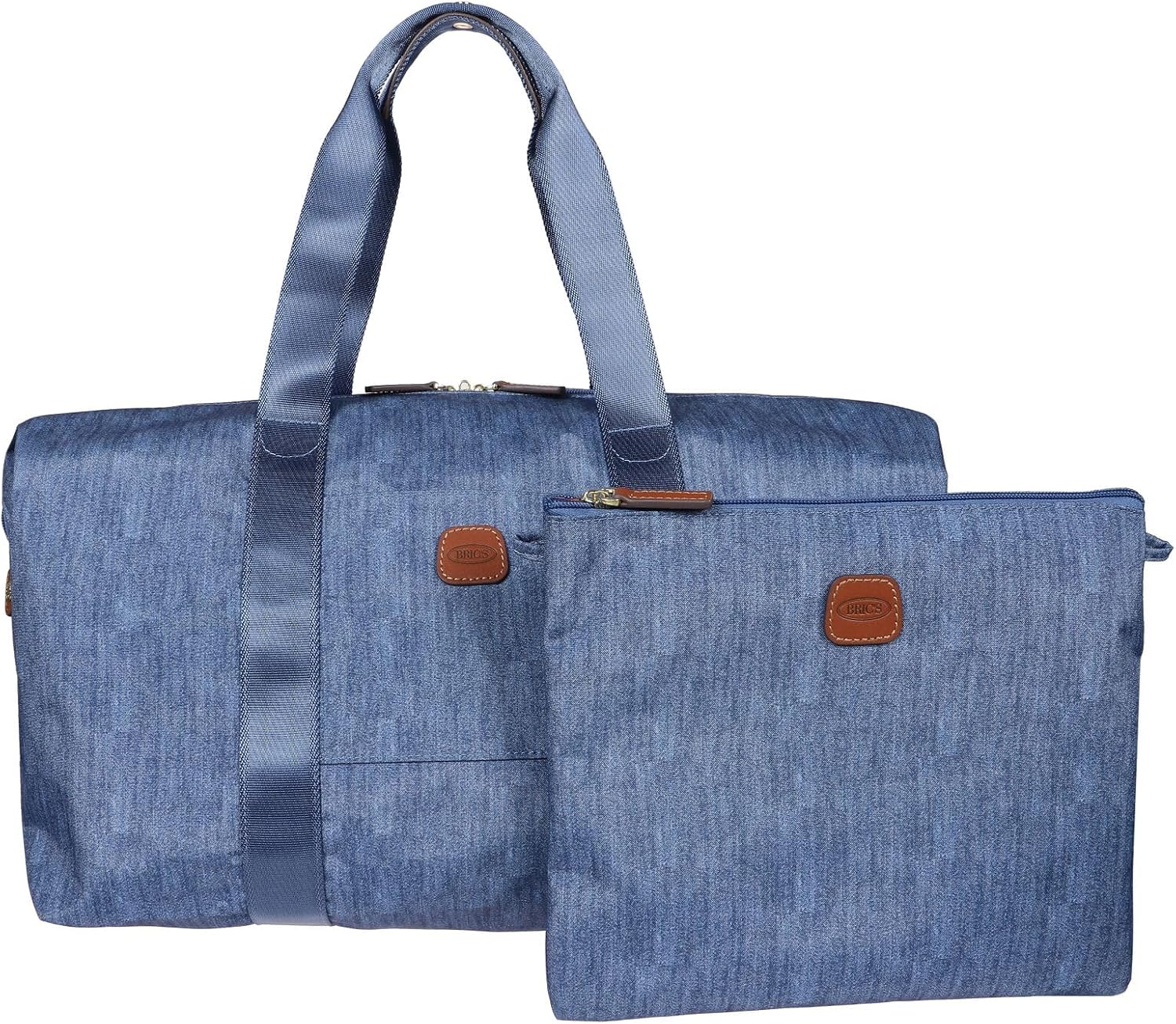 Bric's X-Bag/X-Travel 2.0 Overnight Weekender Duffel, Water-Resistant Folding Carry-On with Leather Trim, Removable Shoulder Strap and Pass-Through Sleeve - Mini Bag Included – 18 Inch, Jeans