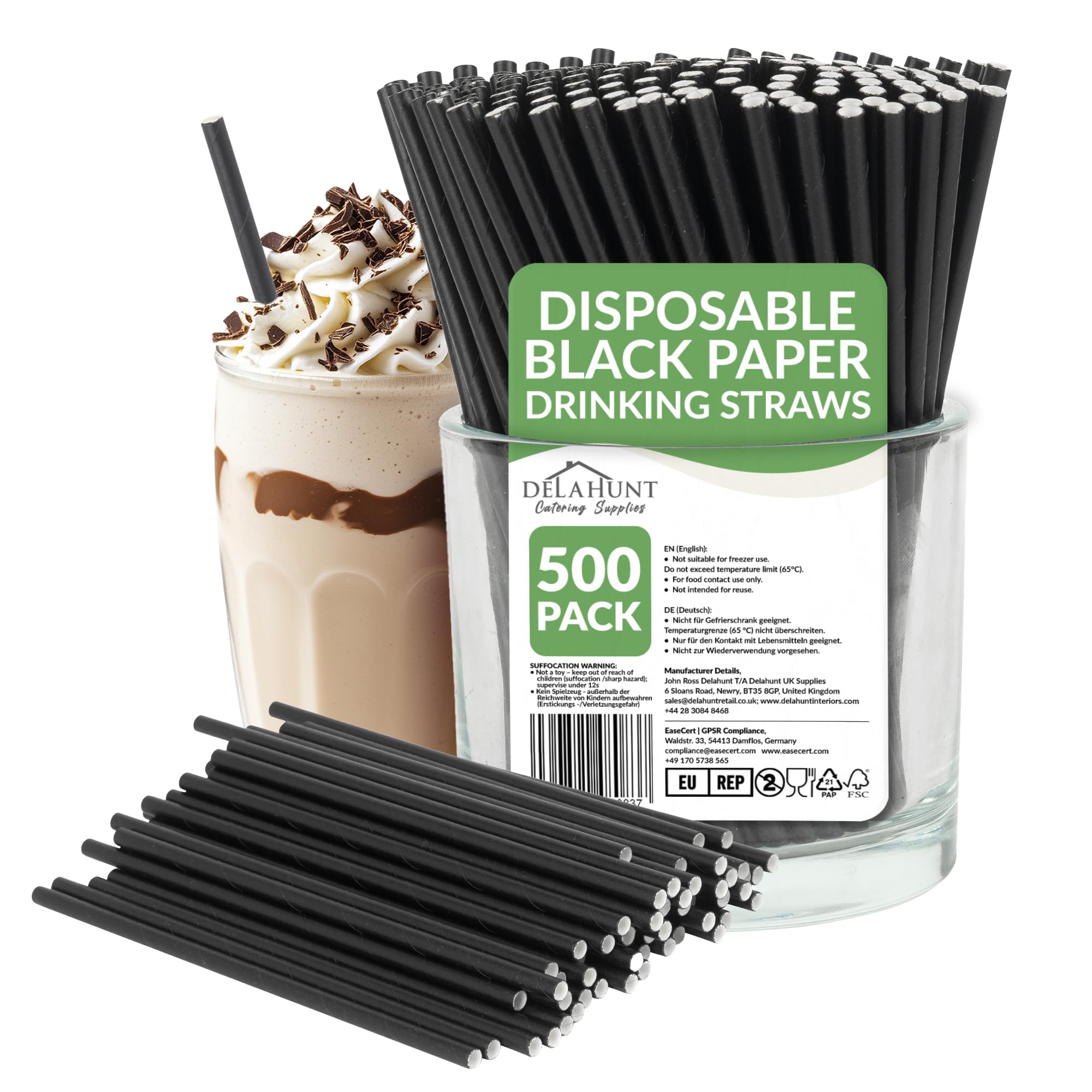 8-Inch (20cm) Black Paper Drinking Straws [500 Pack] - Disposable Compostable Eco-Friendly Straws for Smoothies, Milkshakes, Juices, Parties, Bars & Cold Drinks | 3-Ply FSC-Certified, PFAS & BPA-Free