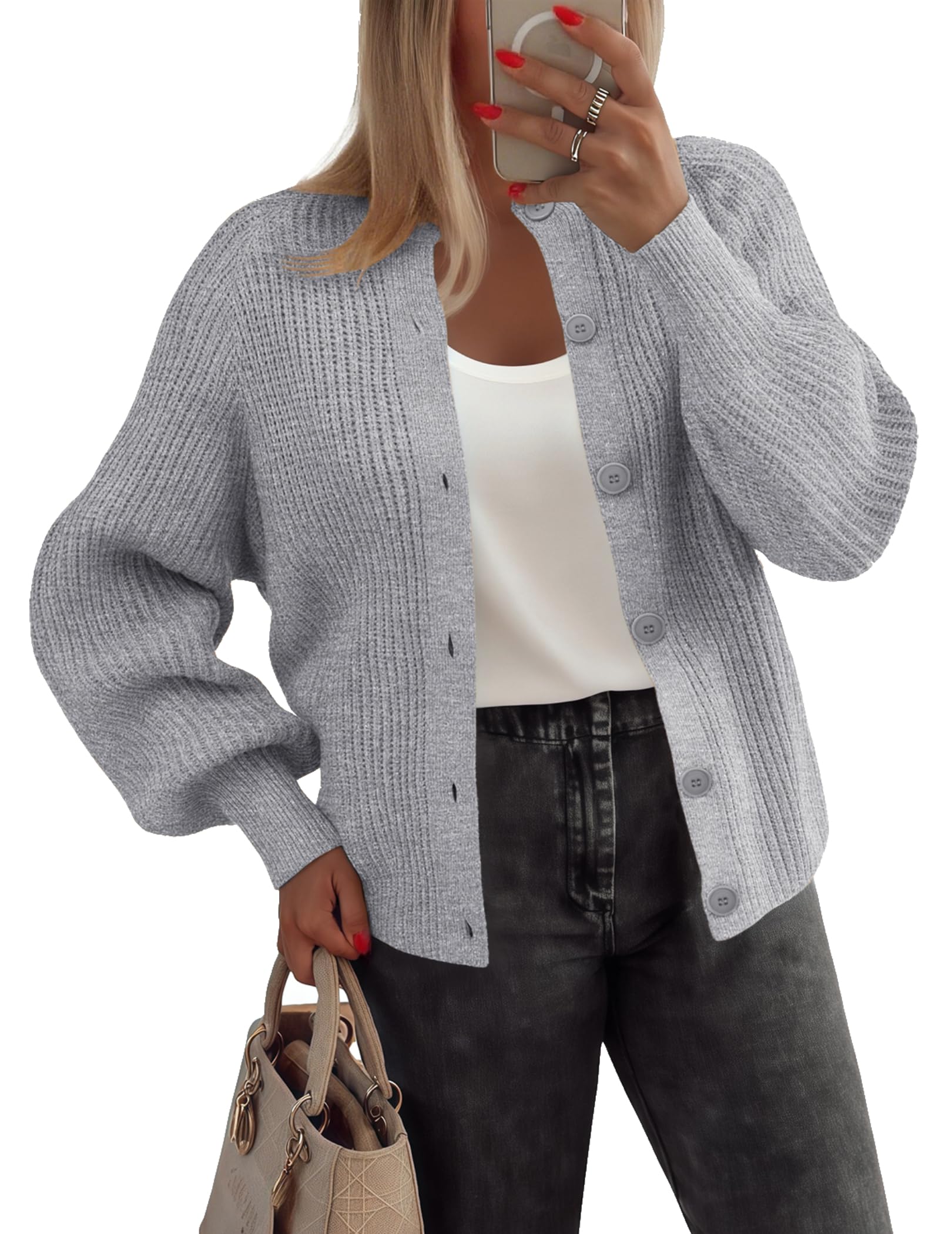 ZEAGOO Strickjacke Damen Kurz Strick Cardigan Rundhals Open Front Sweater mit Knopfleiste Elegant Casual Strickjacken für Damen