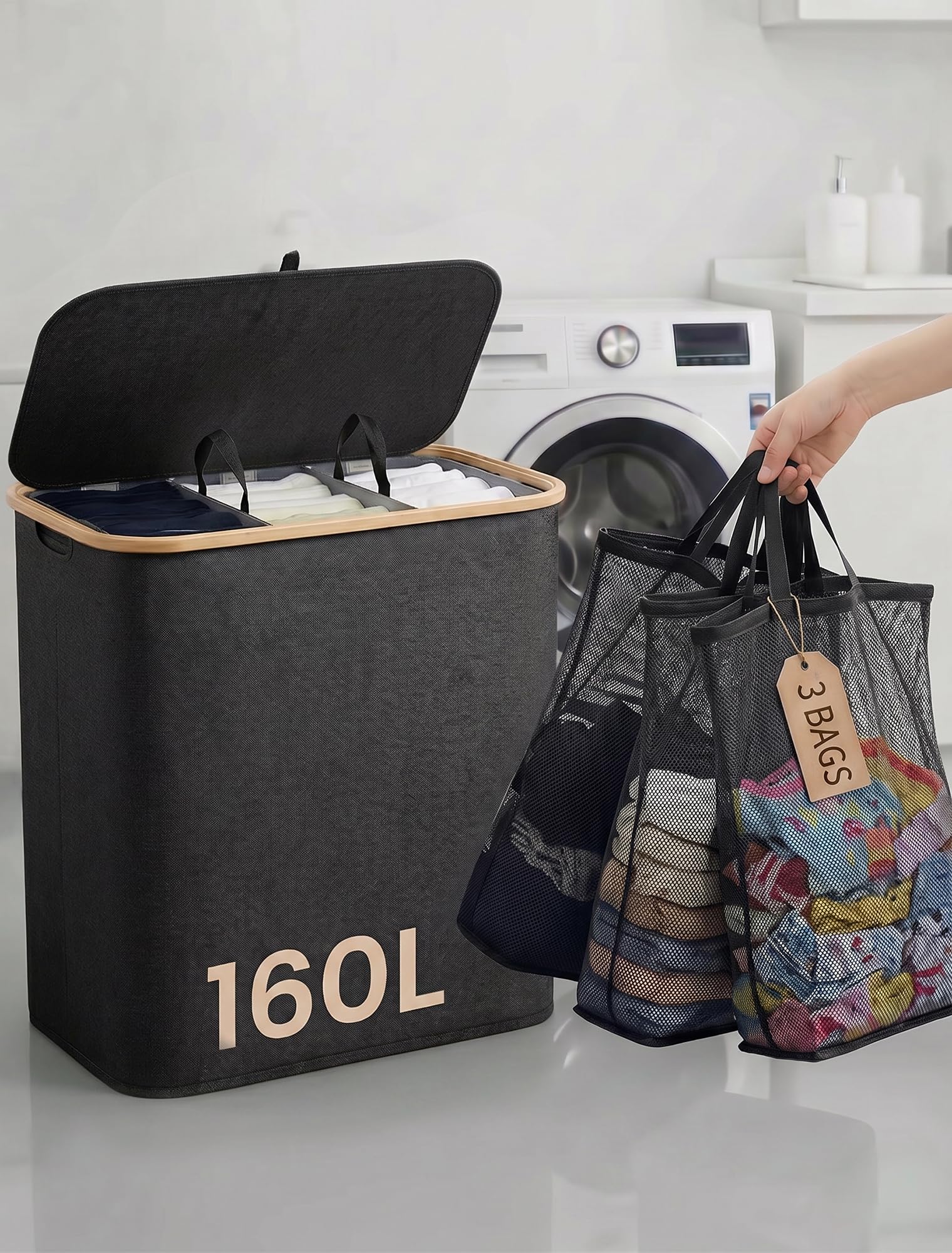 Cesto portabiancheria con coperchio a 3 scomparti: può contenere circa 2 o 4 carichi di bucato