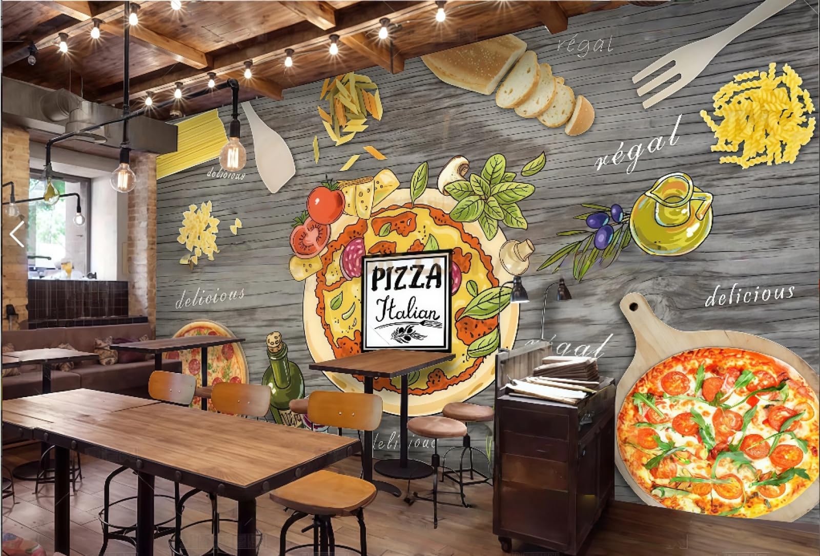 rskjdghshd Wallpaper Retro Cement Gray Wall Hand Painted Delicious Pizza Shop Western Restaurant Background Wall Mural Afternoon Tea Coffee Shop Wallpaper,3D,400x280cm