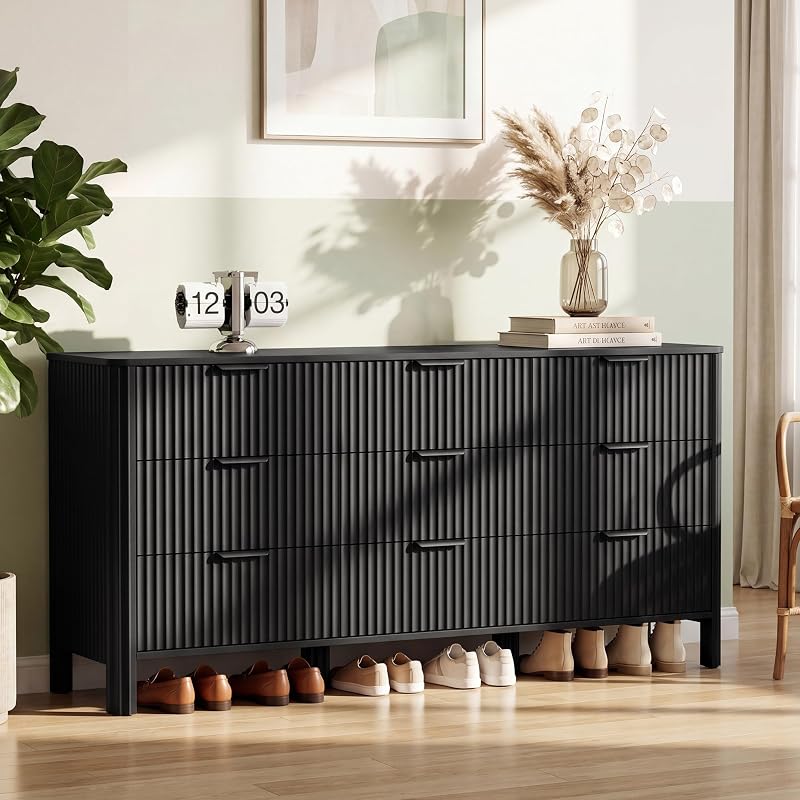 Wodeer 9 Drawer Black Dresser for Bedroom, 62" W Wood Storage Cabinet with Fluted Design, Modern Chest of Drawers & TV Stand for Living Room, Nursery Clothing Organizer with Metal Slides, Anti-Tipping