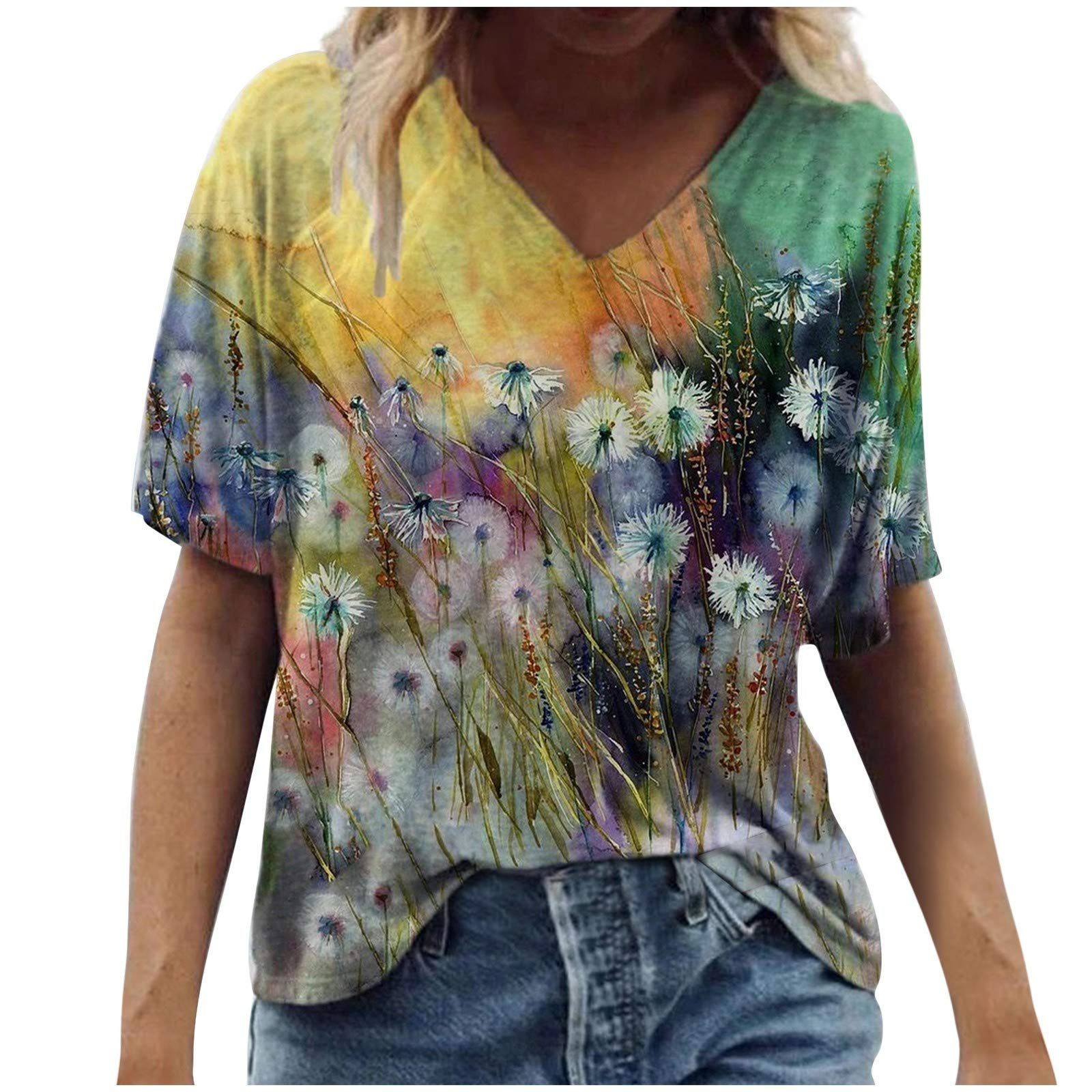 Women's Sleeve Tops T Shirt Crew Neck Tee Printed Summer Casual Short Fashion Women's Blouse Short Sleeve Lounge Shirt Women (Yellow-F, XXXXL)