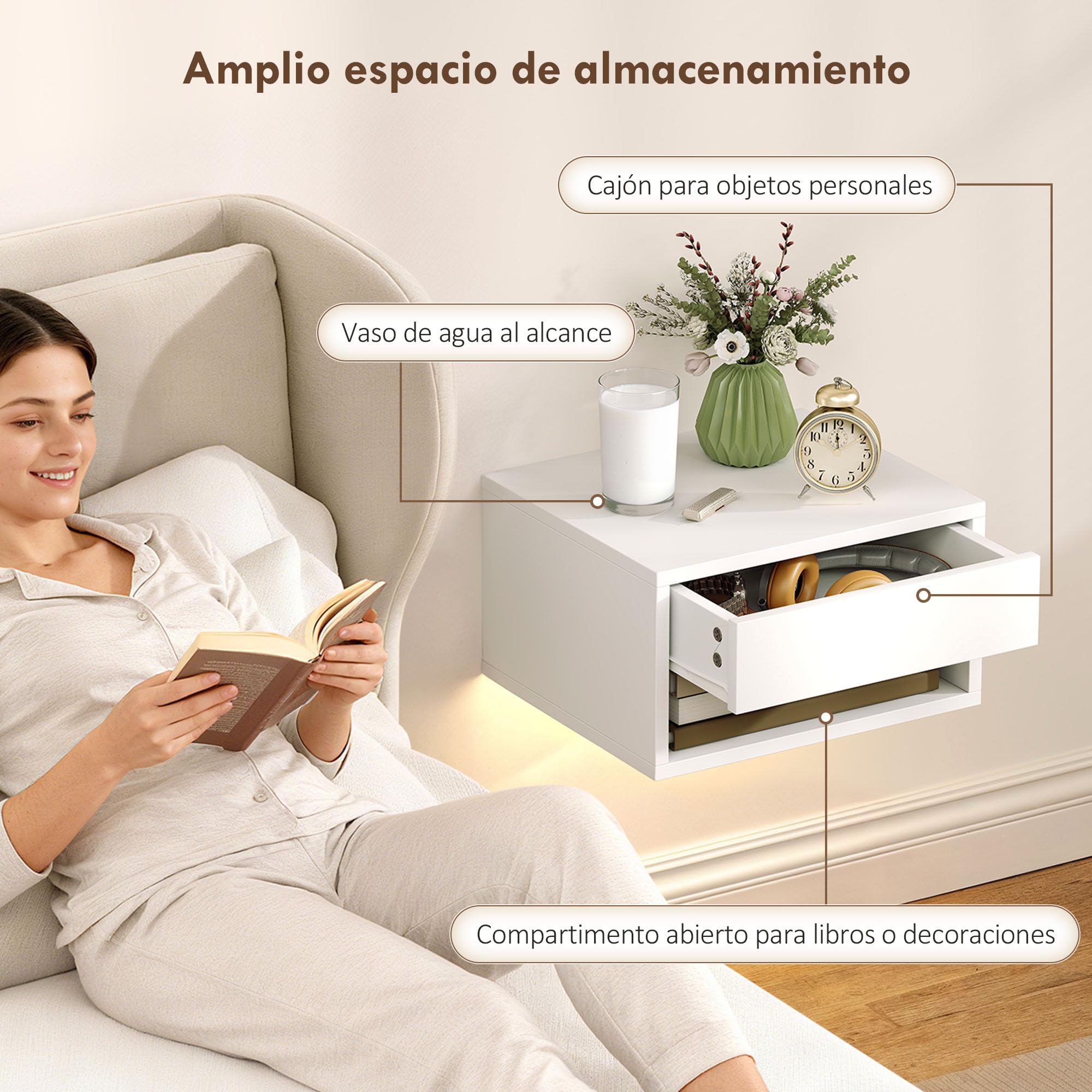 HOMCOM Juego de 2 Mesitas de Noche Flotantes 37x32x21 cm Blanco | Luces LED RGB, Control de APP, Mesillas de Noche Dormitorio, Cajón, Estante Abierto, para Sala de Estar