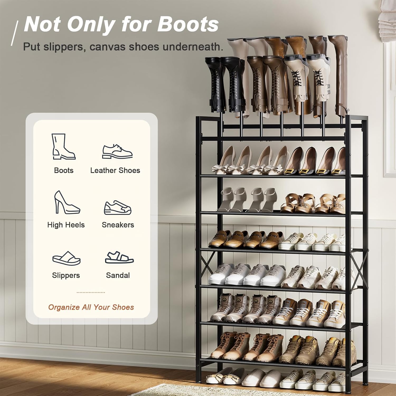Free Standing Shoe Racks, 8-Tier Boot Rack Organizer for Tall Boots, Sneakers, High-Heel, Black Metal Shoe Storage for Dorm Room, Closet, Entryway, Hallway, Black, Holds 6 Pairs