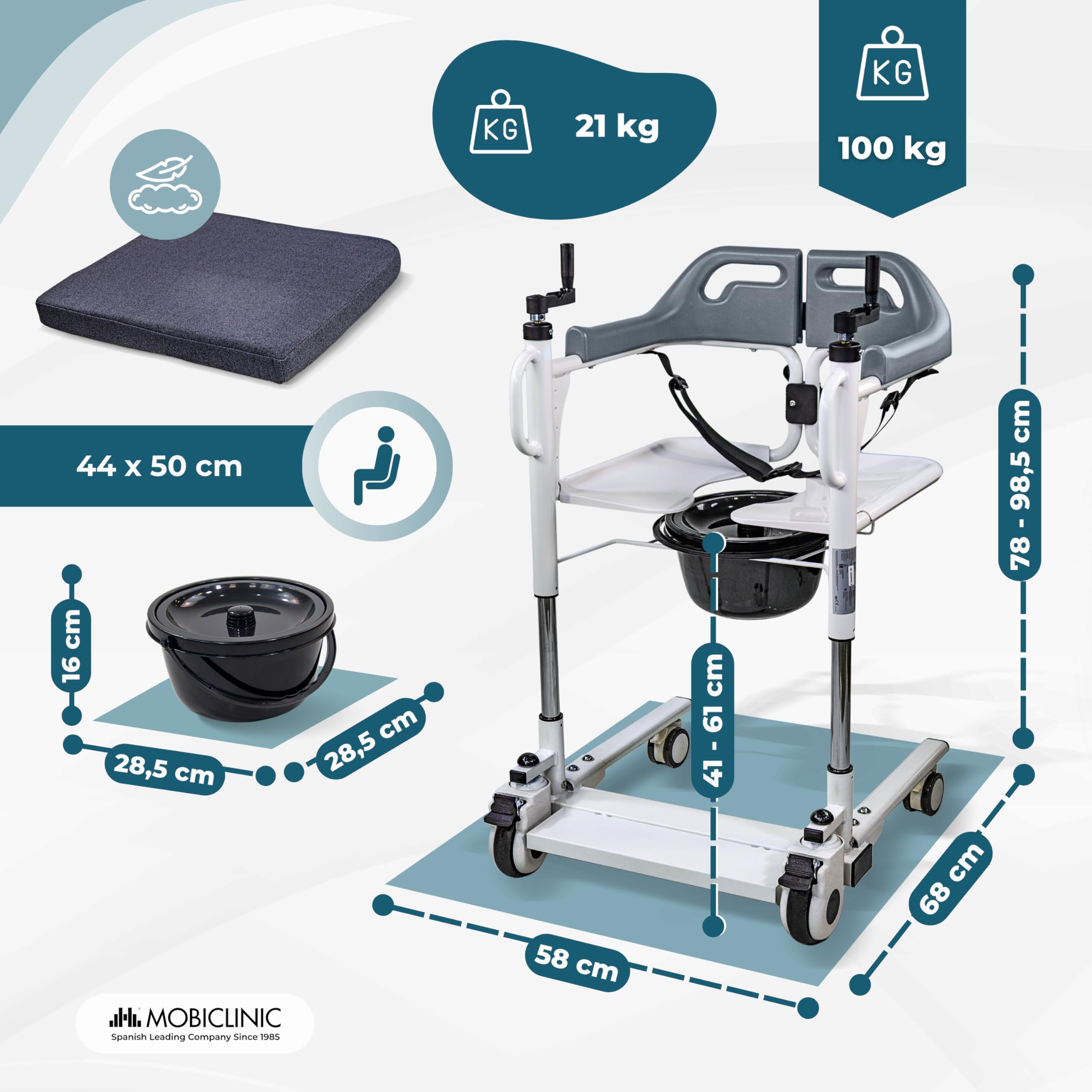 Mobiclinic®, Sedia di Trasferimento, Pappagallo Estraibile, Regolabile in Altezza, Doppio Sistema di Sicurezza, Apertura Laterale, Cuscino, Ruote con Freni, per Letto, Poltrona e WC, Acciaio, Willy