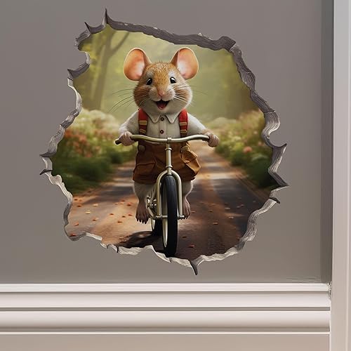 Bike Ride in The Park Boy Mouse in the Mouse Hole Calcomanía de pared 3D con agujero de ratón