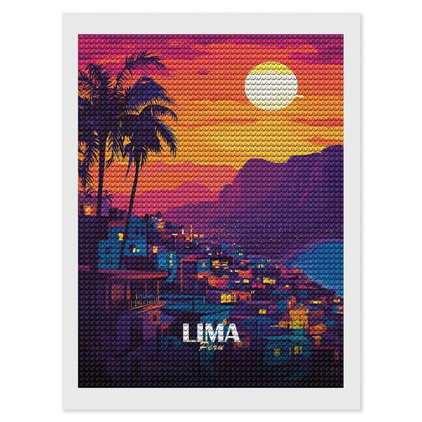 Junmoney Lima, Peru Cityscape at Sunset Diamond Painting Canvas Kit 12"x16", Adhesive Canvas, Living Room Decor, Farmhouse Decor, Winter Craft