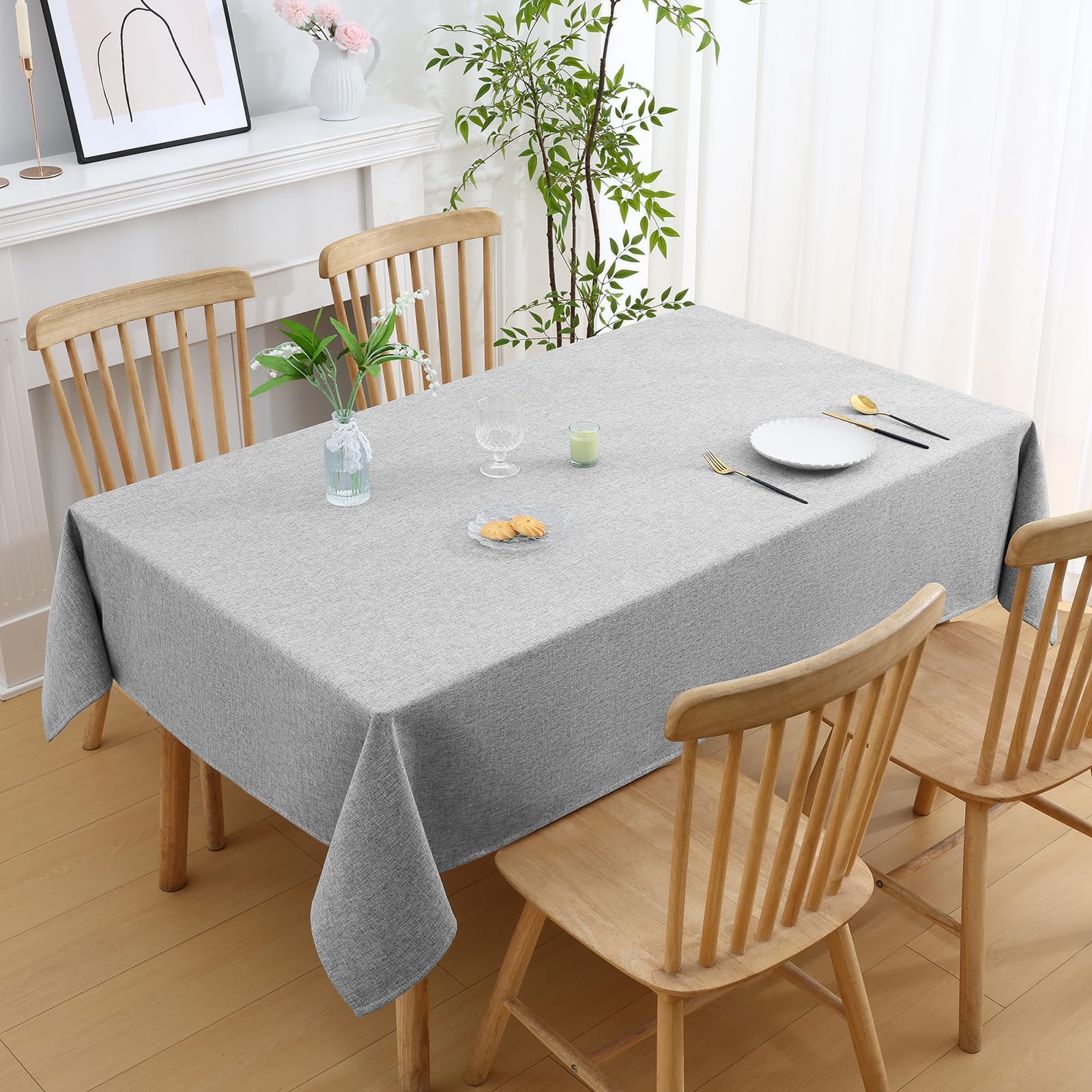 smiry Faux Linen Table Cloth Rectangular 140x100cm, Water resistant Tablecloth with Flannel Backing - Image 2