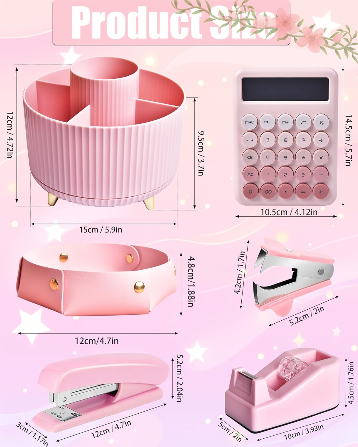 Pink Desk Accessories, 20Pc Office Supplies and 360°Pen Holder Desk Organizers, With Tape Dispenser, Stapler, Staple Remover, Ect, Let the Color Pink Fill Your Desktop - Image 5