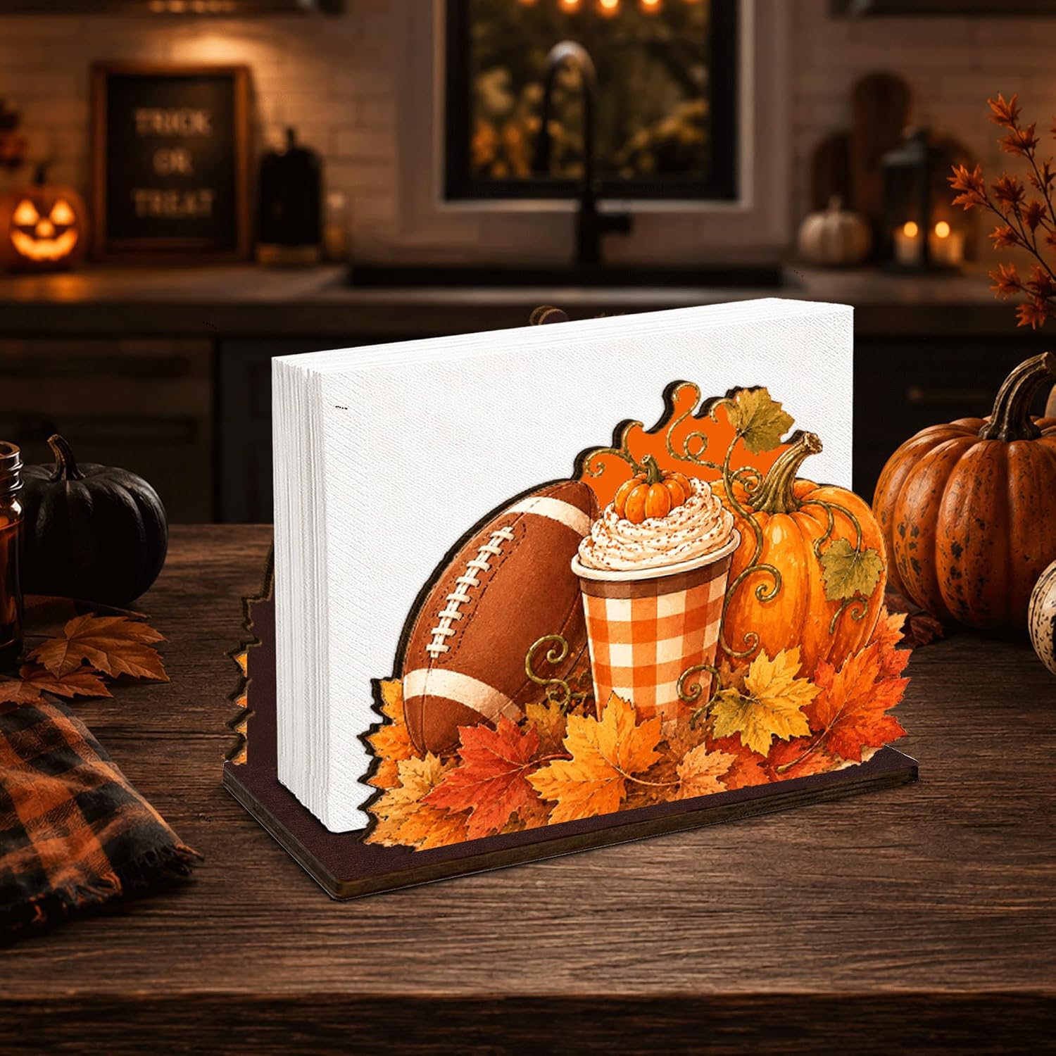 Football Pumpkin Halloween Autumn Fall Decor Wood Napkin Holder for Table