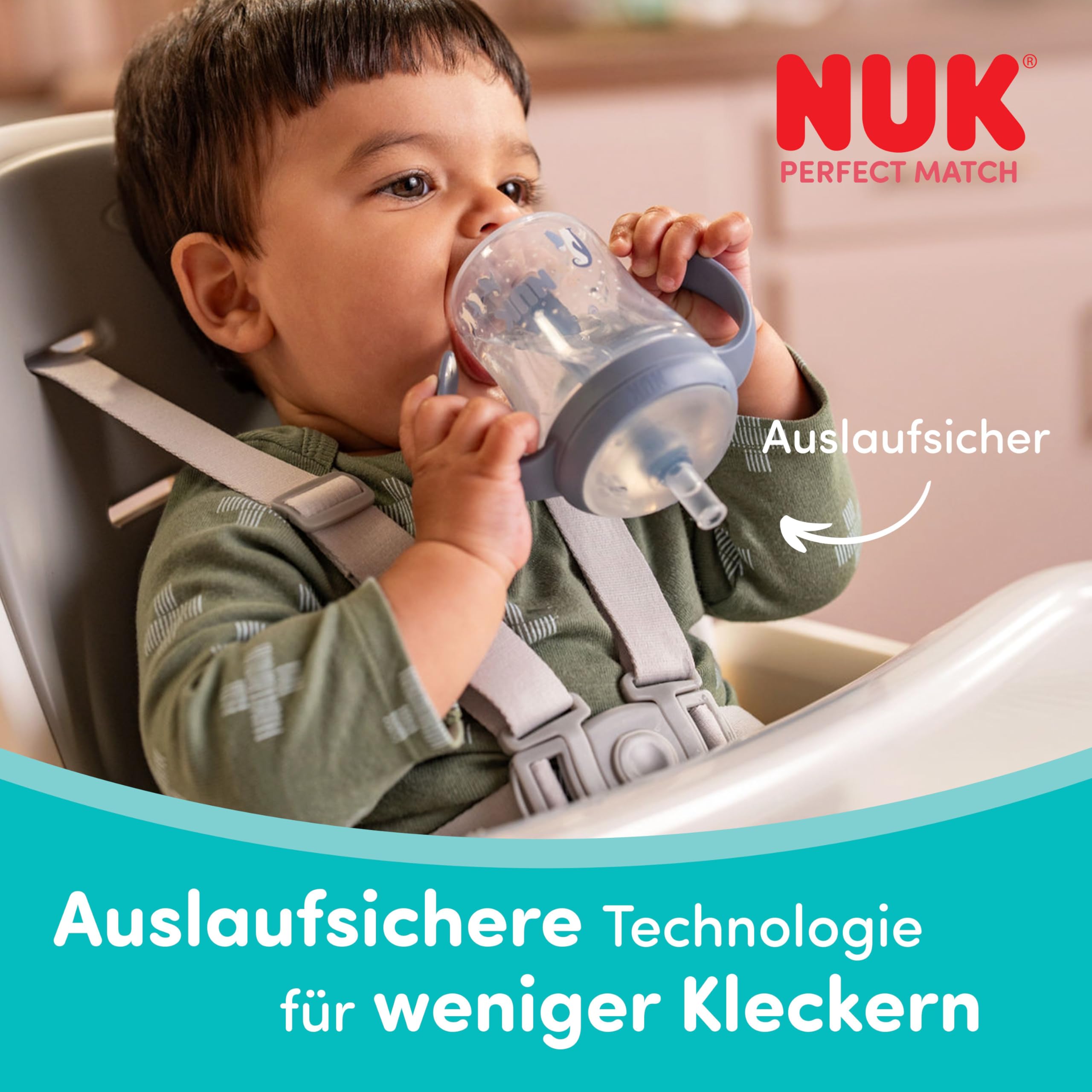 NIP Rietbeker voor kinderen vanaf 1 jaar, lekvrije kinderdrinkfles met clip, zuignap en rietje, eenvoudig te reinigen, licht en onbreekbaar, diermotief pinguïn, blauw