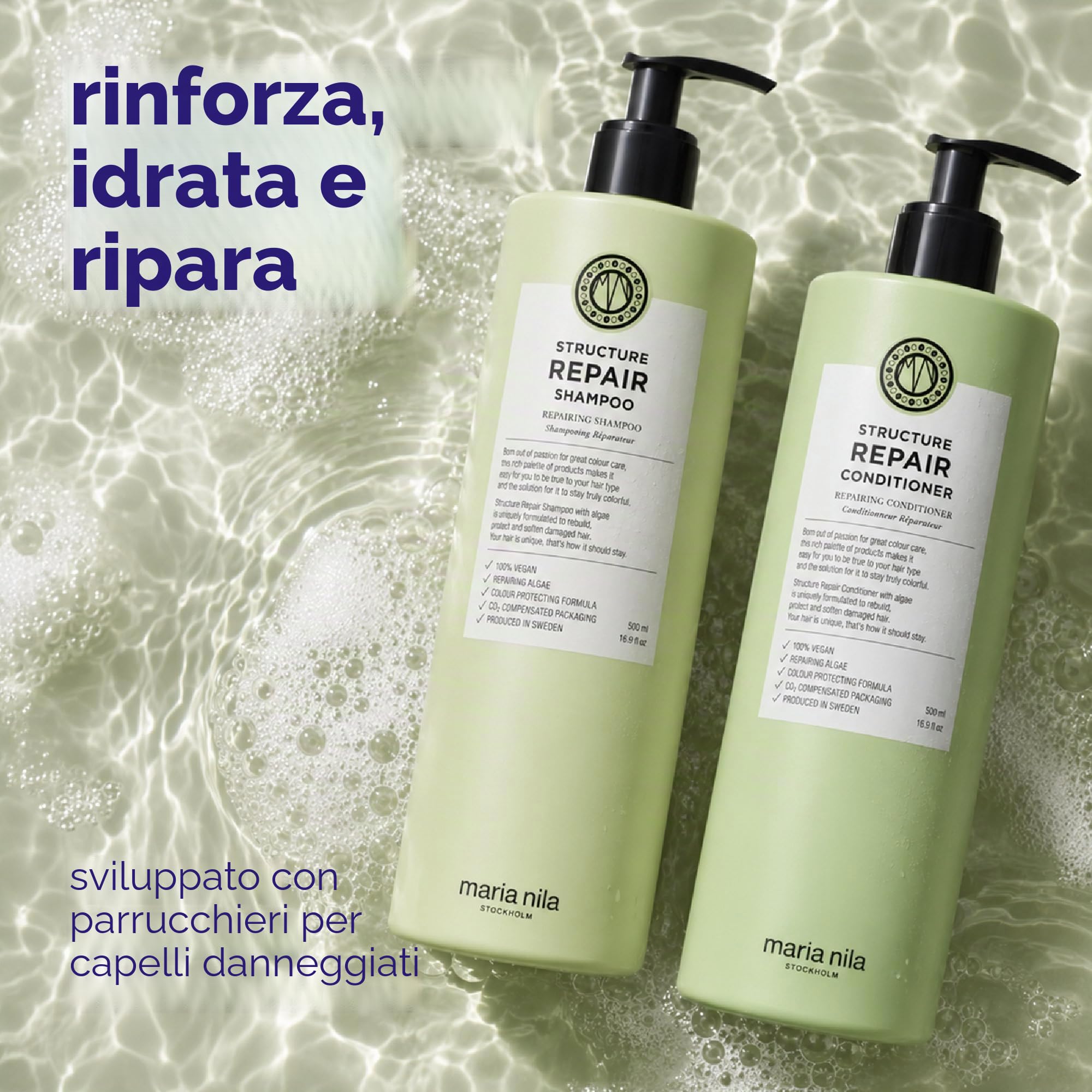 Maria Nila Structure Repair, Shampoo & Balsamo per Capelli Danneggiati, 2 x 500 ml