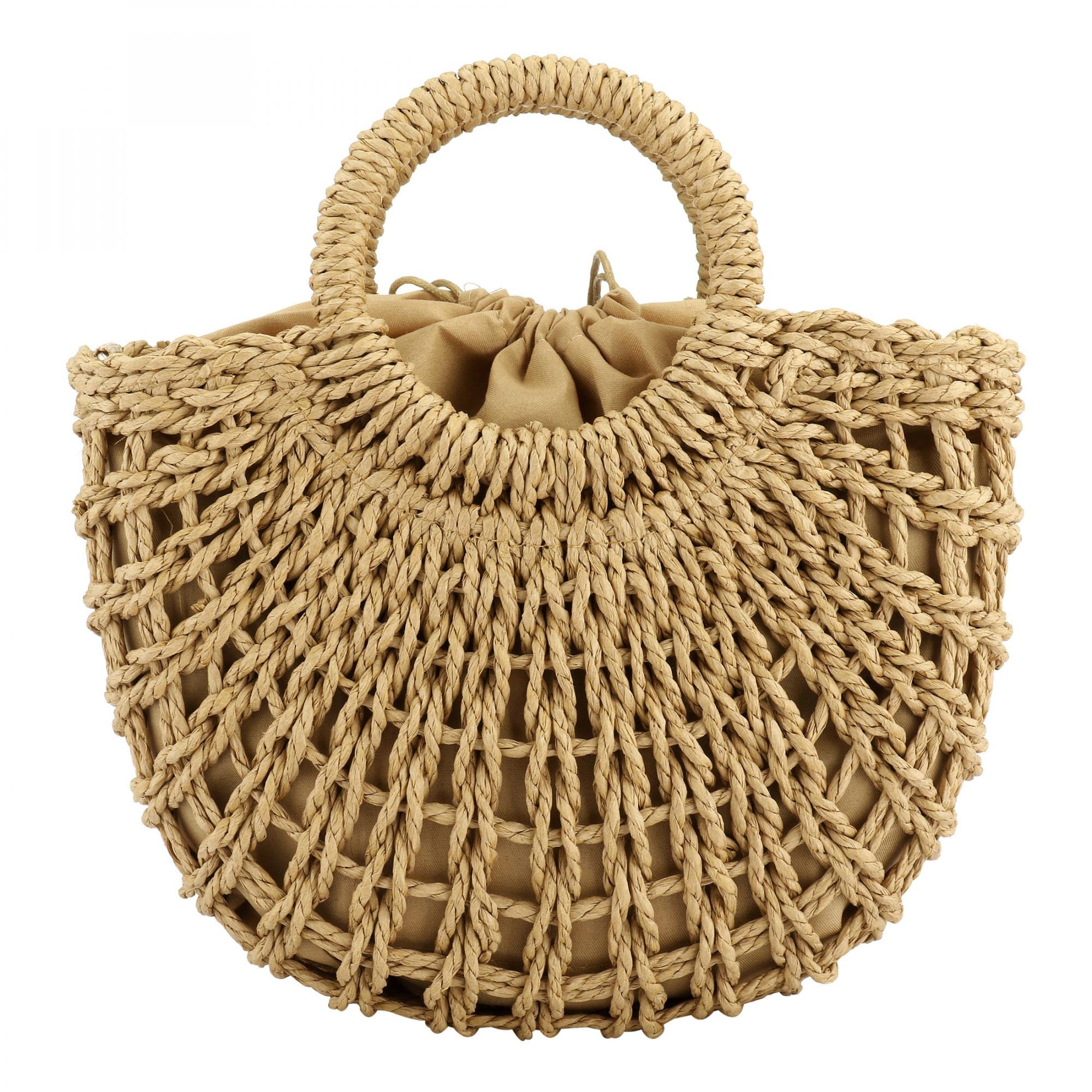 Straw Woven Top Handle Bag Summer Retro Rattan Straw Handbag Shoulder Bag Crossbody Bag with Removable Shoulder Strap (Khaki)
