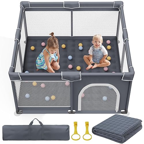 Jixrolyn Corralito para bebés con alfombra, patio de juegos para bebés de 50 x 50 pulgadas con tapete de juego, corral para niños pequeños con malla