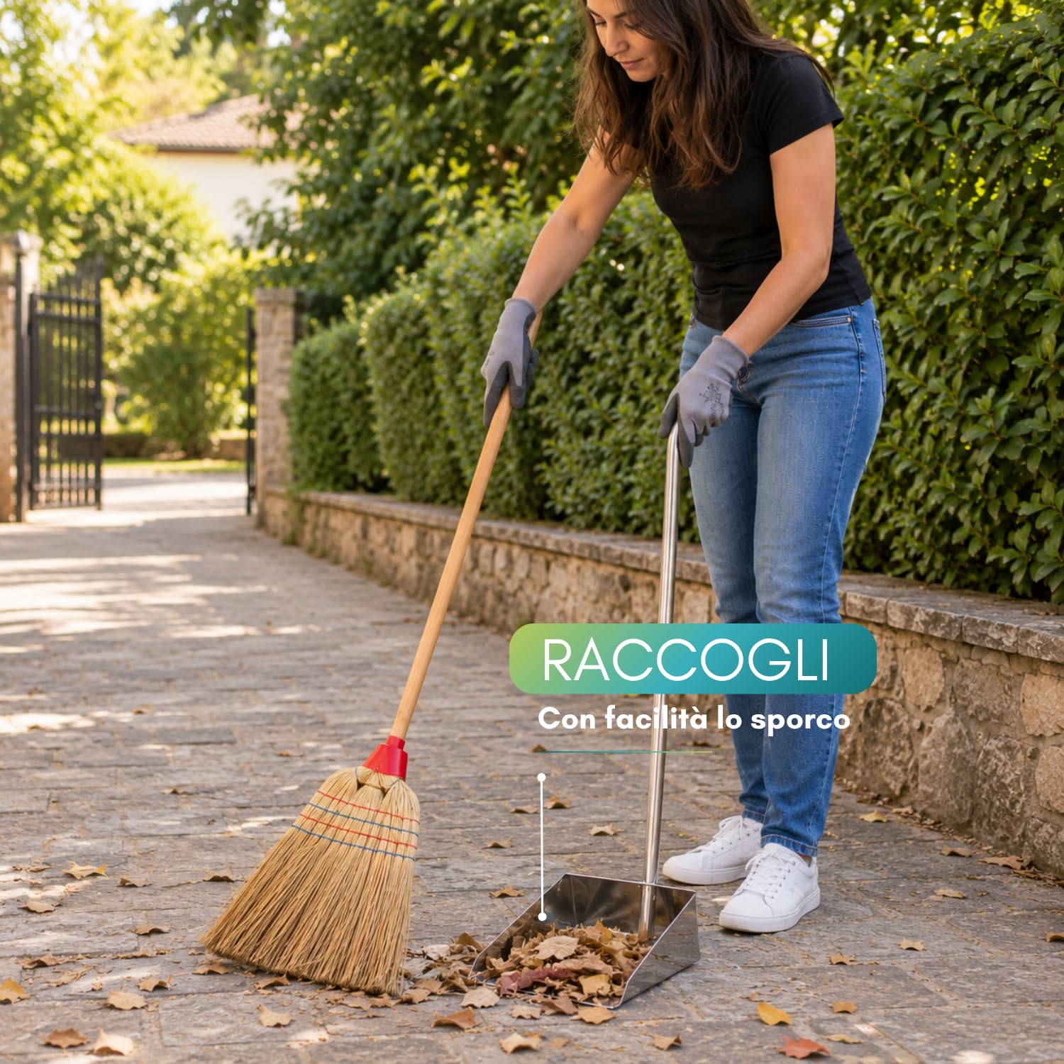 VIRSUS Set Scopa Saggina a 4 Fili + Paletta in Metallo Zincato, Scopa con Manico in Legno da 89 cm e 4 Cuciture, Paletta Antiruggine Manico 67 cm, per la Pulizia degli Esterni, Giardino, Viale -F