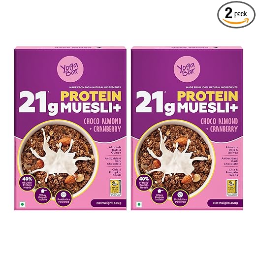 Yogabar Whey Protein Muesli Choco Almond & Cranberry 21g High Protein Muesli with Premium Whey Protein Isolate, Almonds & Probiotics - Muesli with Dark Chocolate, 350g Each (Pack of 2)