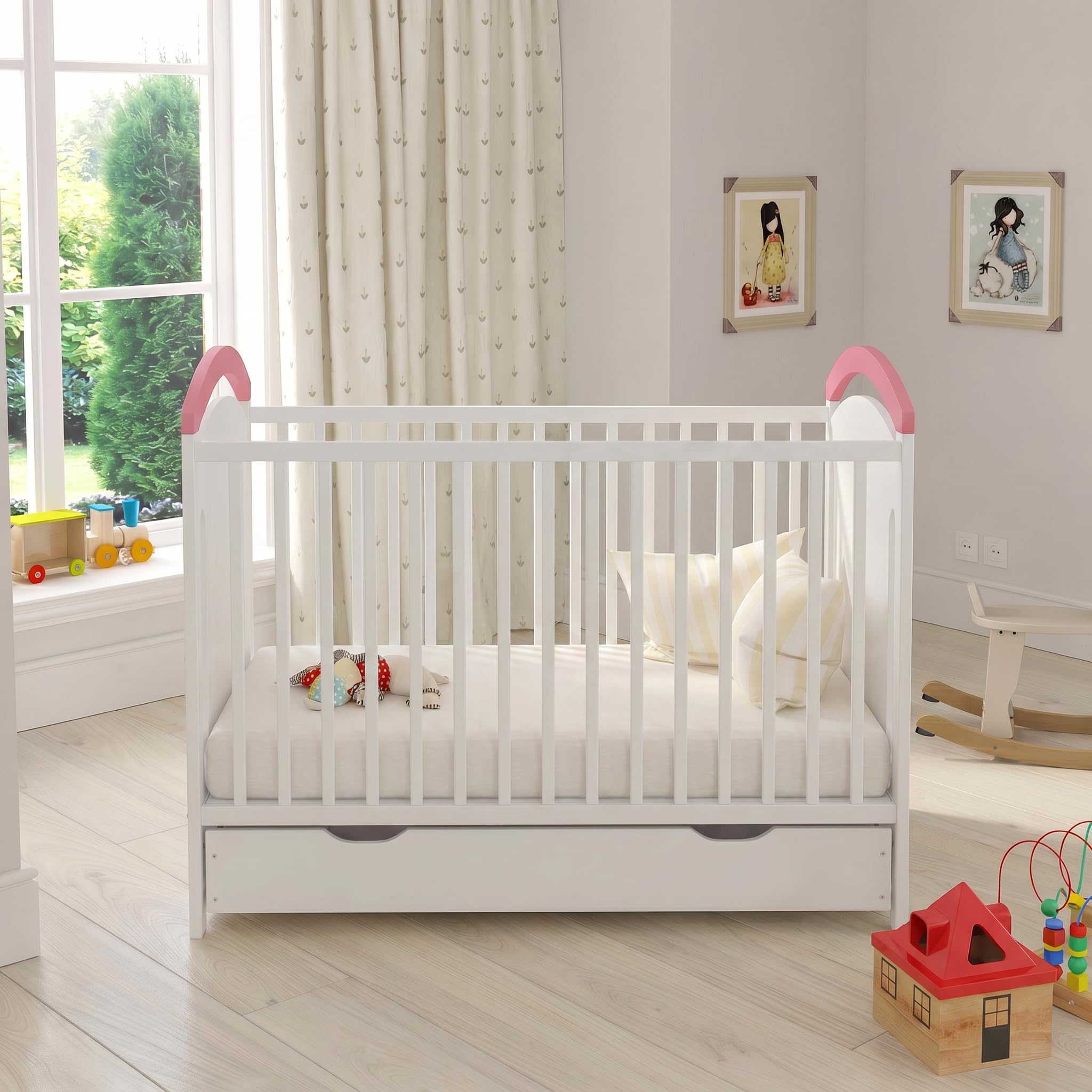 Love For Sleep Lettino Culla Neonato 120x60 cm in Legno di Pino Blu Rosa – Lettino Trasformabile con Barriera di Sicurezza e Protezioni Morbide per Dentizione, per Bambini 0-3 Anni